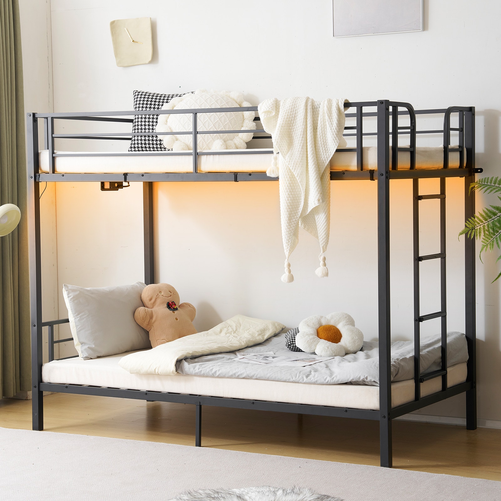 VINGLI 41W x 78L x 63H Metal Bunk Bed Frame  Twin Over Twin with LED Lights and Non-Slip Ladder Black