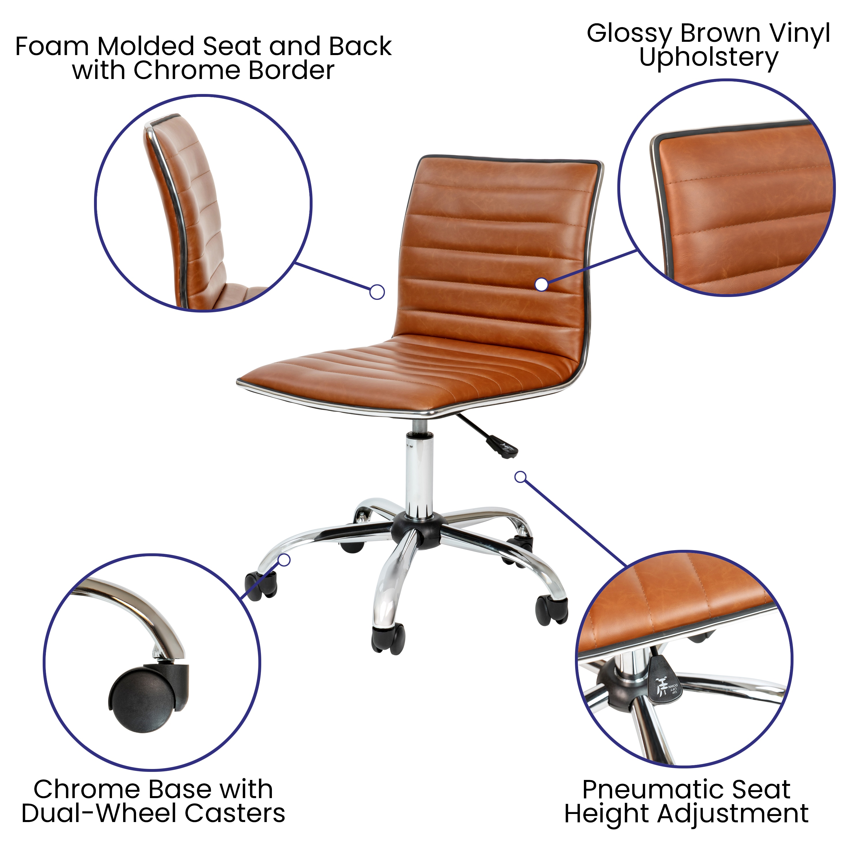 Brown Vinyl Low Back Armless Task Chair with Chrome Frame