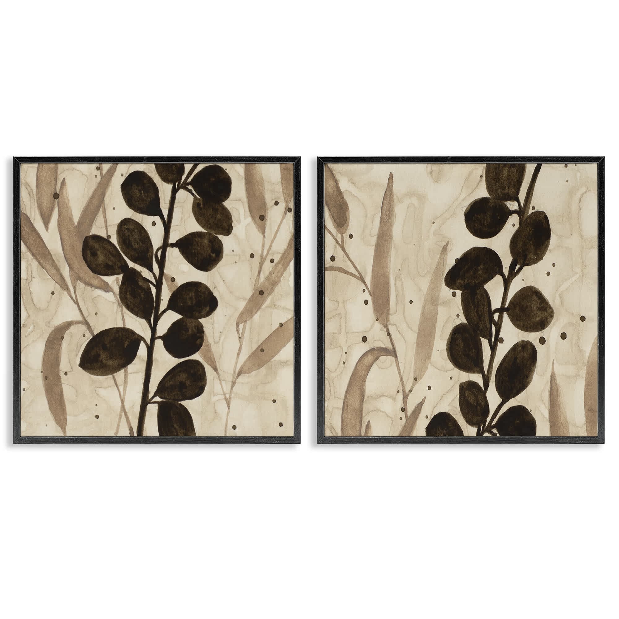 Stupell Industries B2-815-FR-2PC-17X17 Natural Tone Sprouting Leaves 2pc Framed Giclee Set design by Krinlox