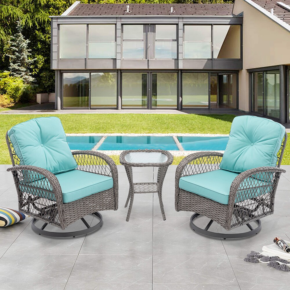 Topcraft PJTC06BL Patio Conversation-Set 3-Piece Wicker Patio Conversation Set with Blue Cushions