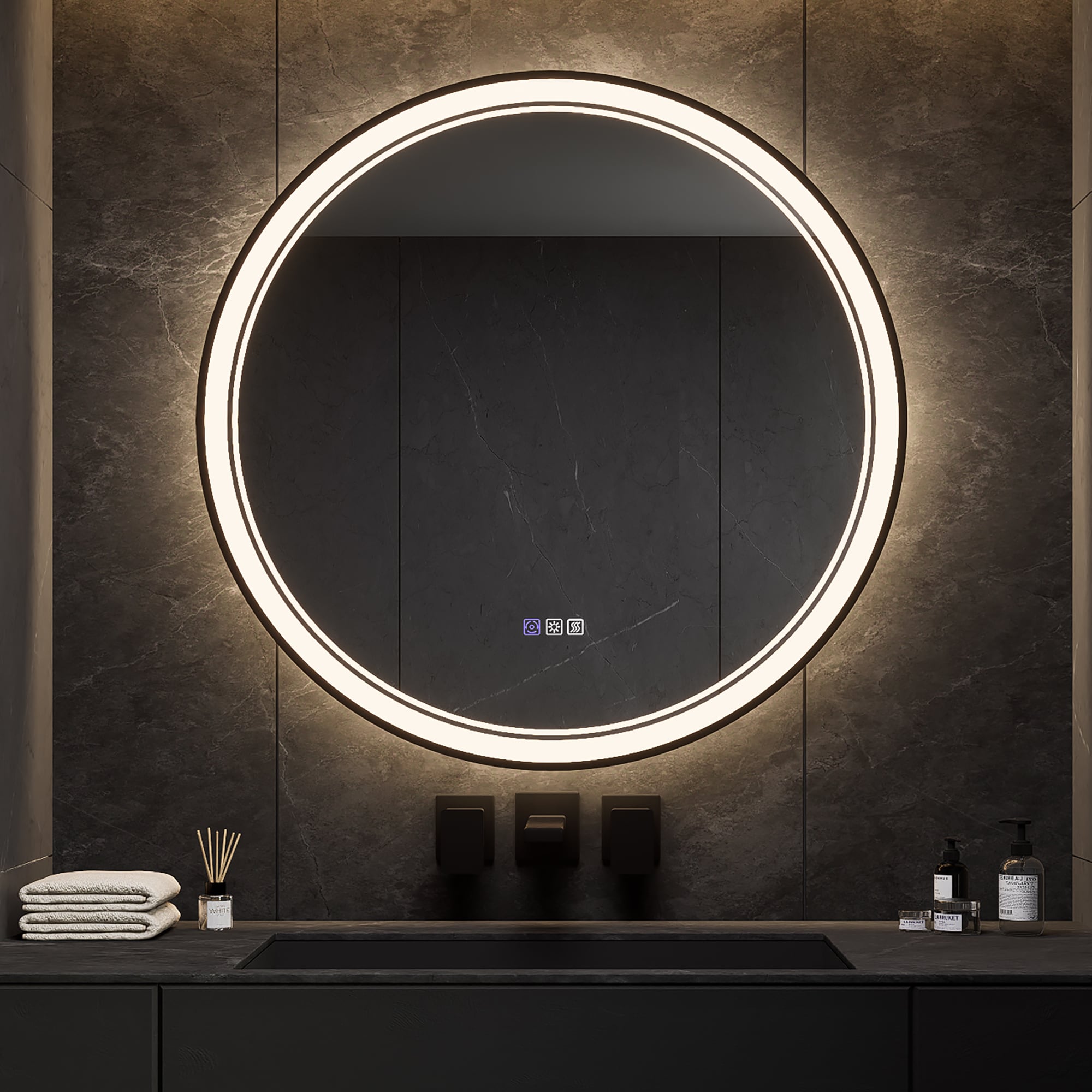ExBrite EXBM3232V11MBX 32-in x 32-in Polished Frameless Round Dimmable LED Lighted Fog Free Bathroom Vanity Mirror ( White )