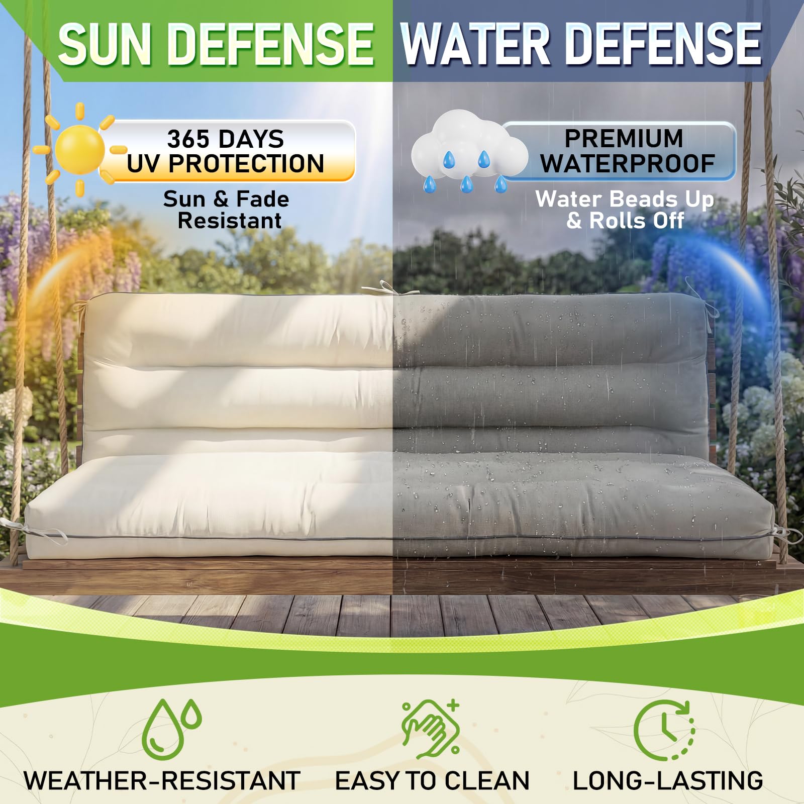 PUPWE Cream 60 INCH x 40 INCH Outdoor Swing Cushion Memory Foam Oxford ...