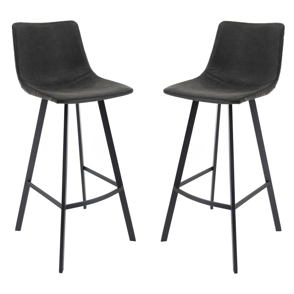 Leisuremod BG3213467 Elland Modern Upholstered Leather Bar Stool With Iron Legs  Footrest Set of 2