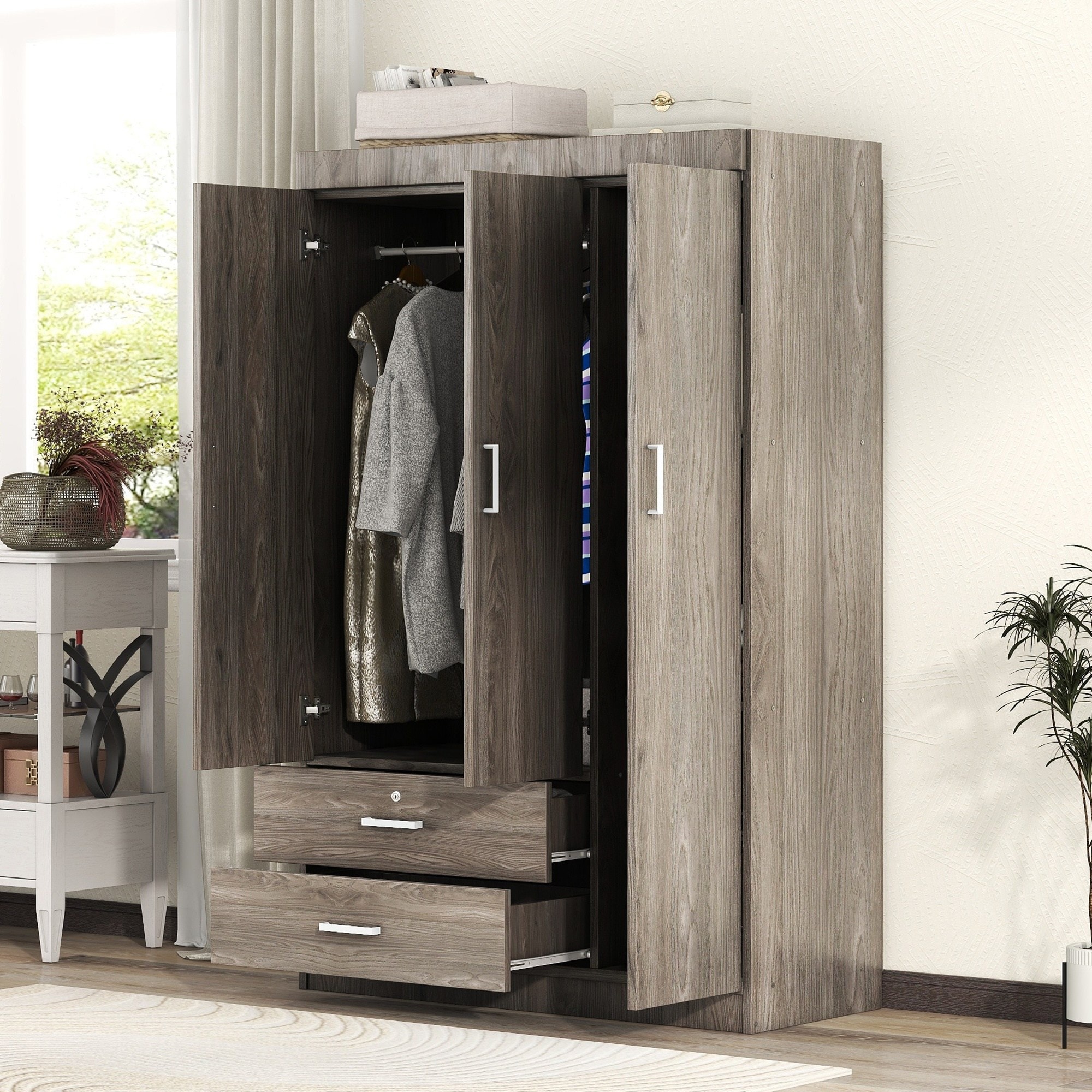 Horizons Prime 41 inch x 19 inch x 68 inch Gray Wood Grain Effect MDF 3-Door Wardrobe with 2 Drawers and Hanging Rail