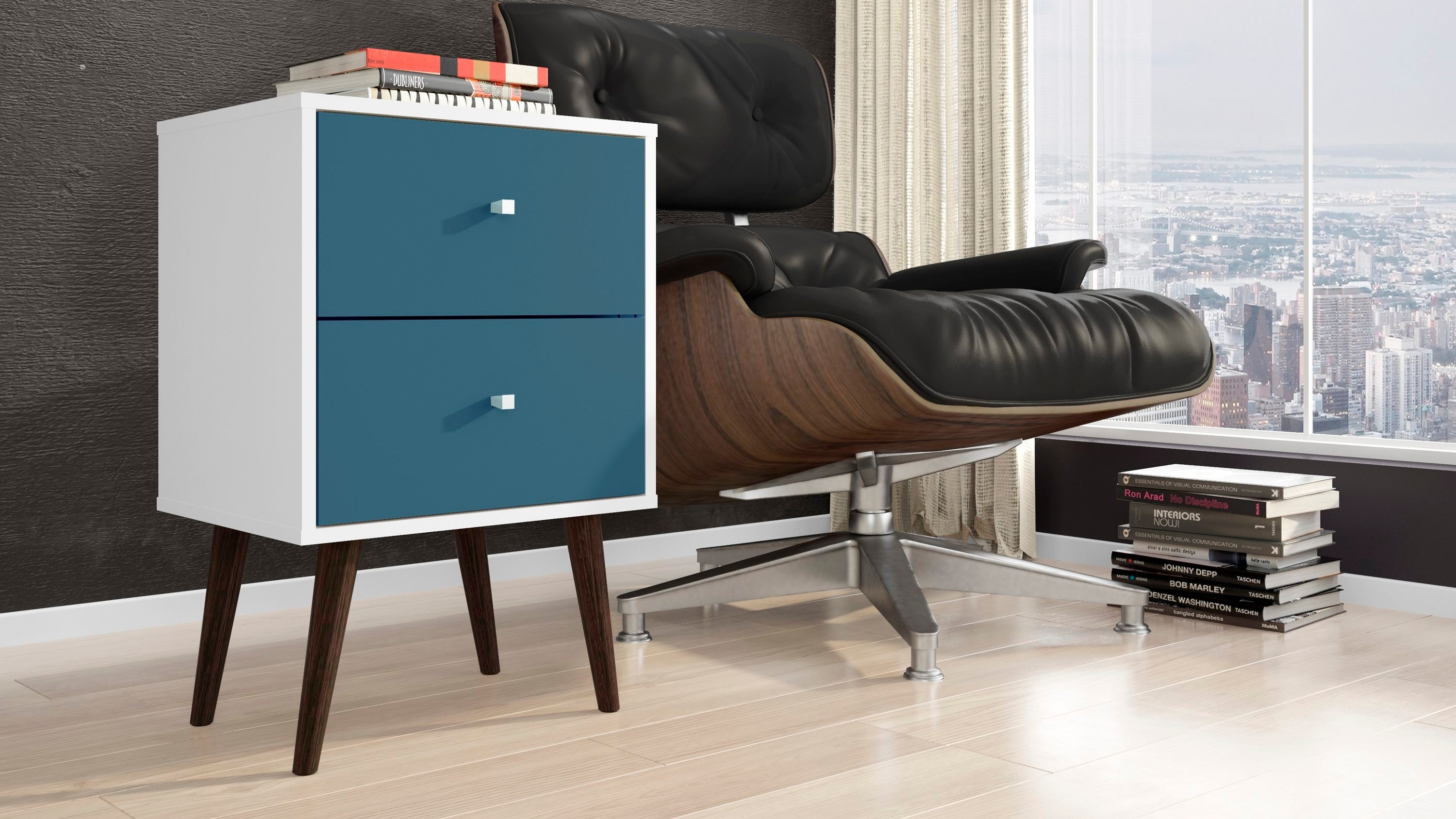 Manhattan Comfort 204AMC64 Liberty White and Aqua Blue Nightstand