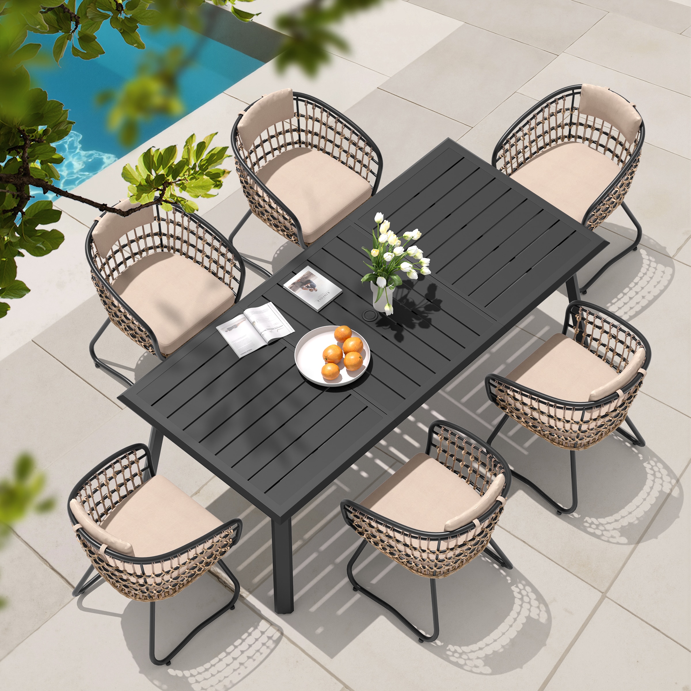 Pellebant 7 -Piece BLack Wicker Patio Dining Set Aluminum Rectangle Table with 6 Beige Cushions Stationary Chairs