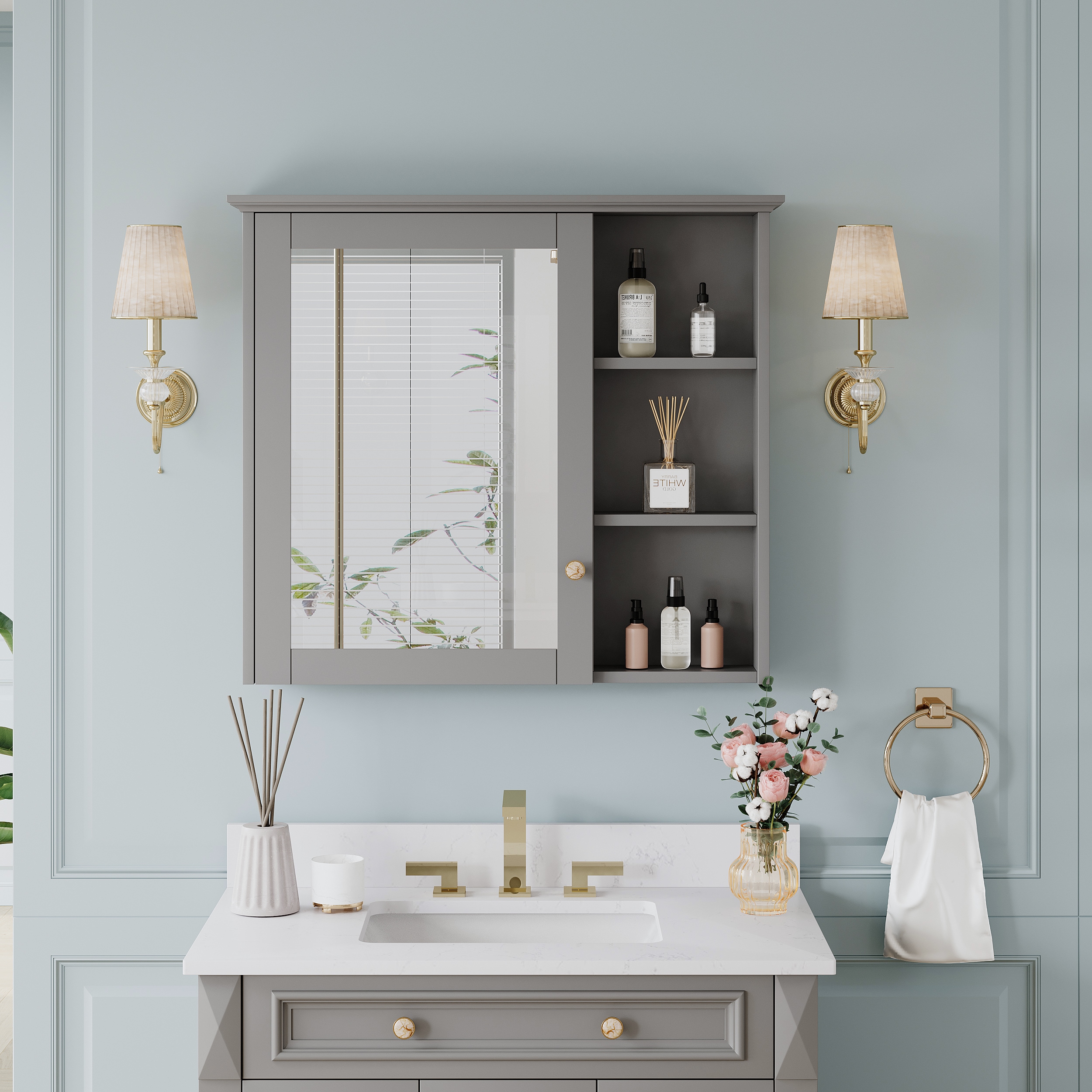 Ayelon Cabinet 34-in x 30-in Surface Mount Gray Mirrored Rectangle Soft Close Medicine Cabinet