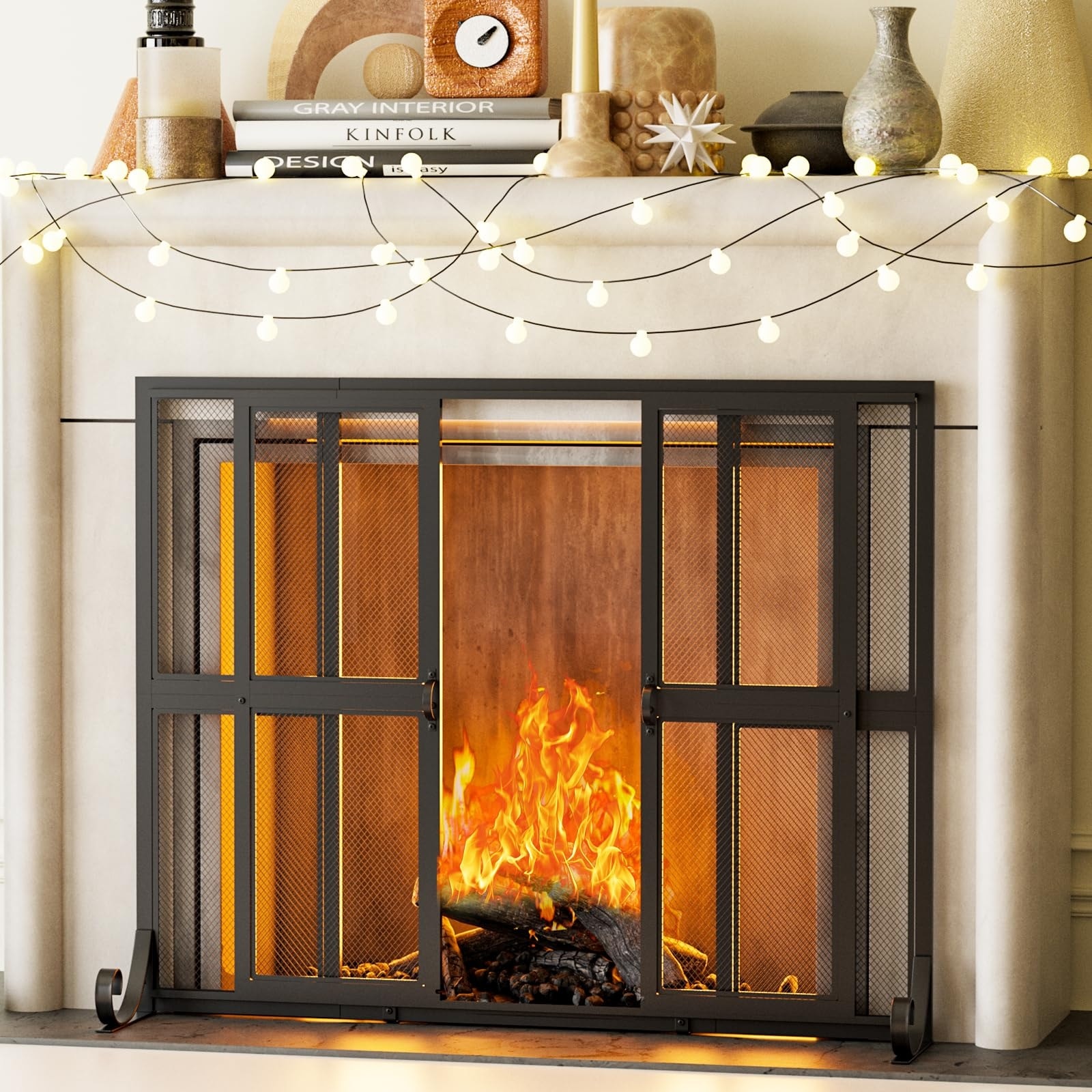 Misopily Fireplace Screen with Sliding Doors 37 Point 8 Inch Wide 30 Point 7 Inch High Wrought Iron Mesh Fire Spark Guard Safety Gate Protector #L05MS10010