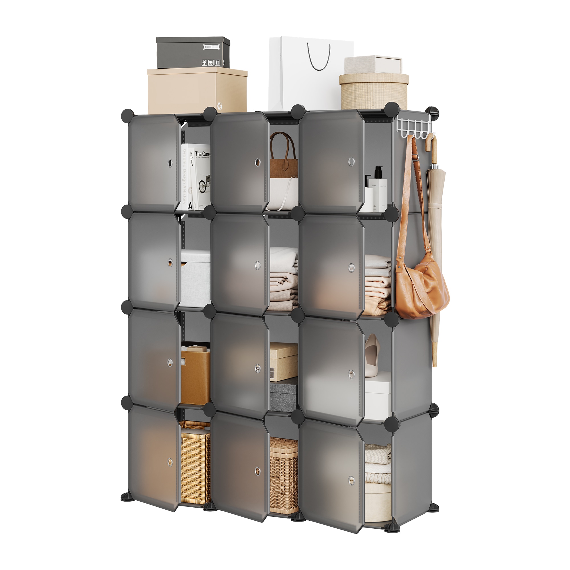 GarveeLife Modular Shoe Storage Cabinet 12 Cube Stackable DIY Plastic Organizer Translucent Doors/Waterproof Panels Grey 95+34+124 cm for Entryway Bedroom Storage
