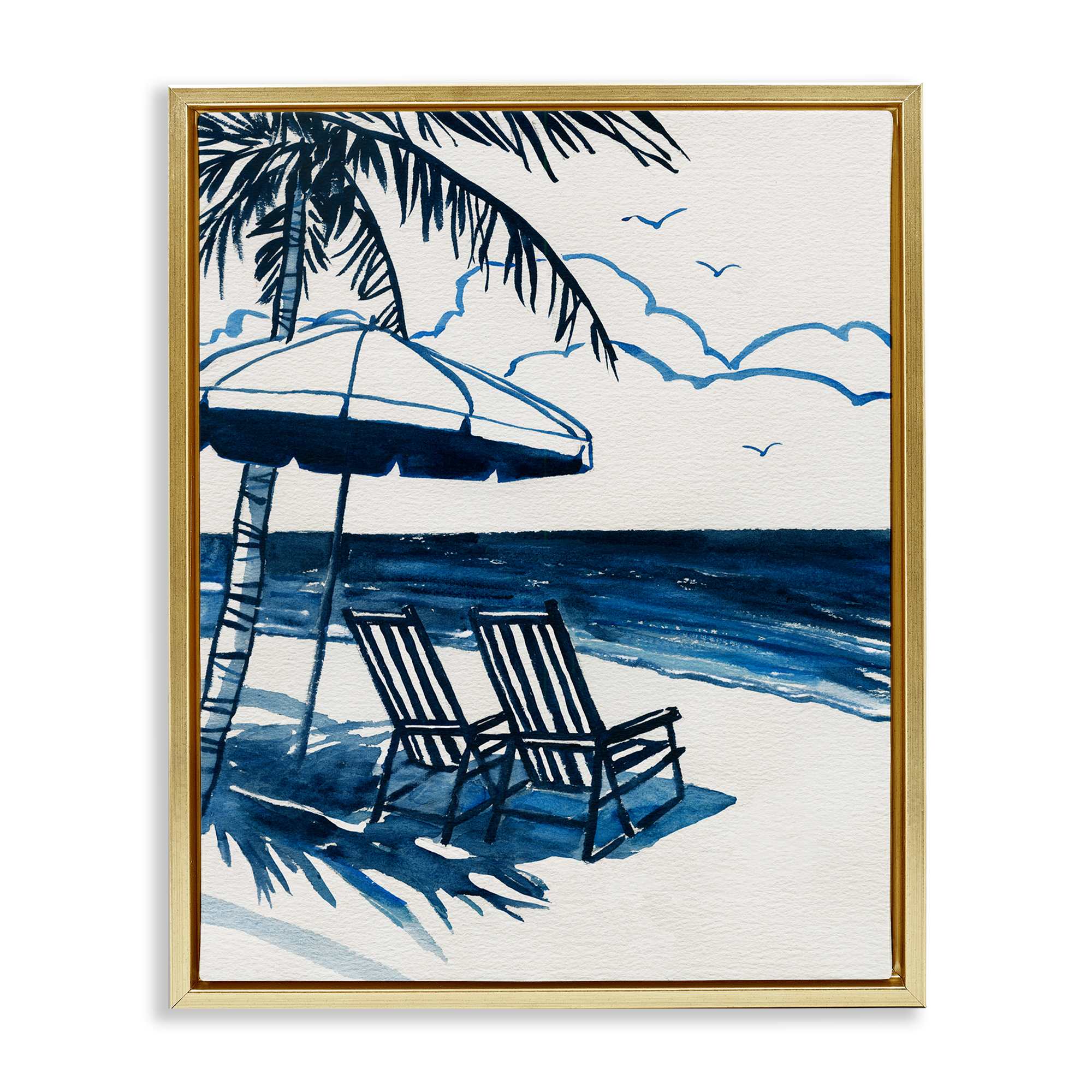 Stupell Industries BS-159-FFG-16X20 Blue Toned Tropical Beach Scene Gold Framed Floater Canvas Wall Art By Carol Robinson 17 x 21