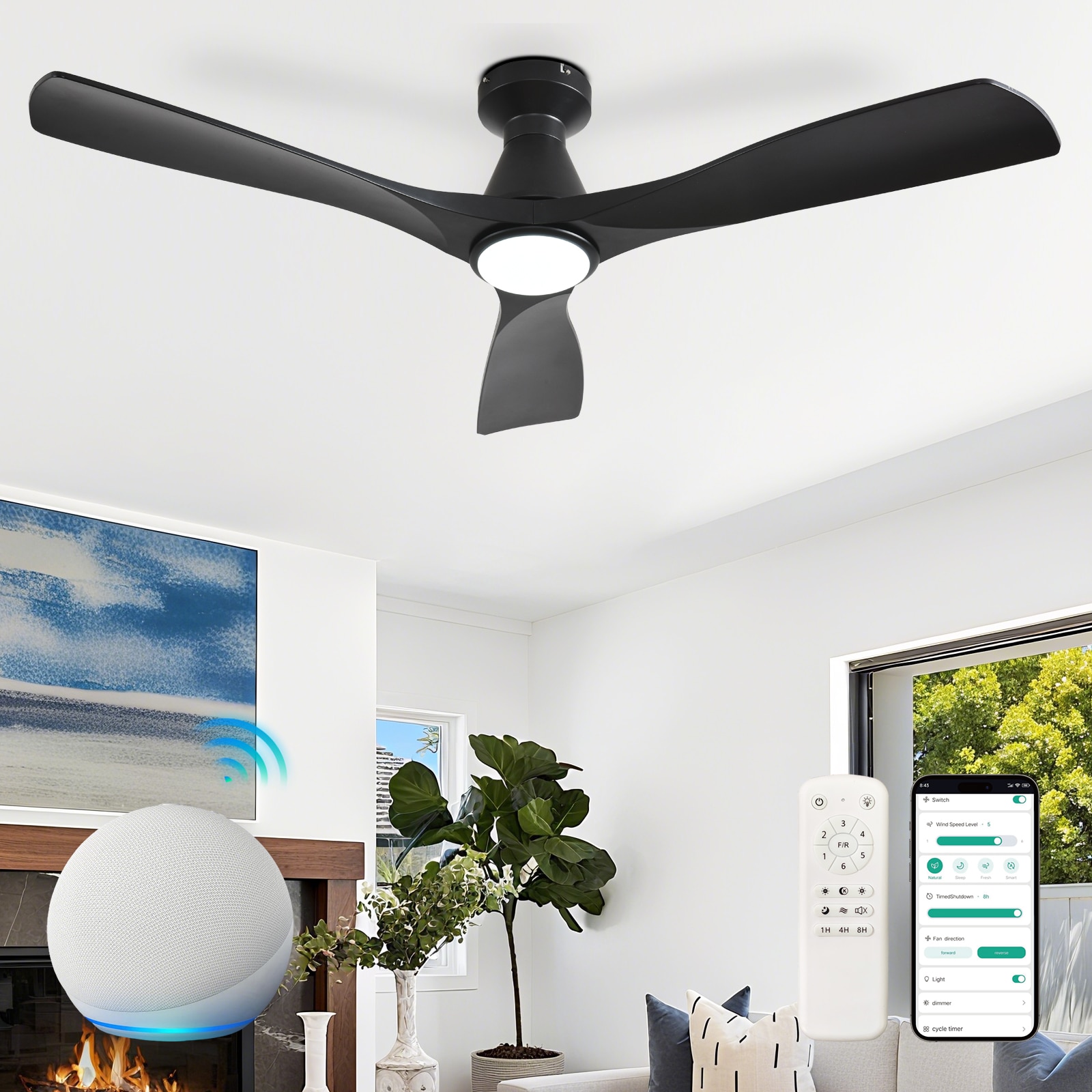 Depuley 186CY 51-in black with black Blades LED Flush Mount Smart Fandelier Ceiling Fan With Light and Remote Control Included 3 -Blade