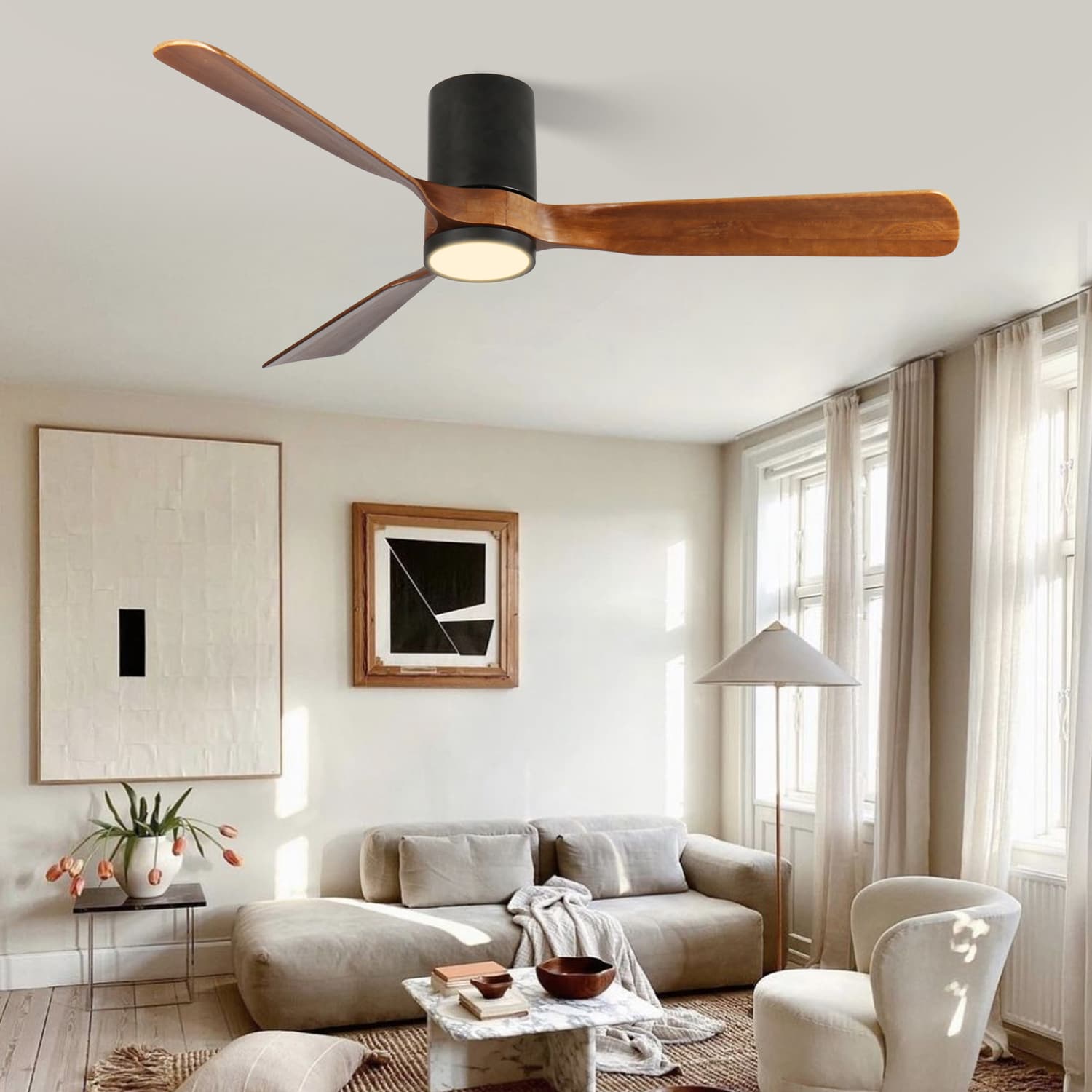 LOVMOR SF-L-W2878P352483 60 in. LED Indoor Outdoor Flush Mount Matte Black Ceiling Fan with Wood Blades 6-Speed DC Remote Control