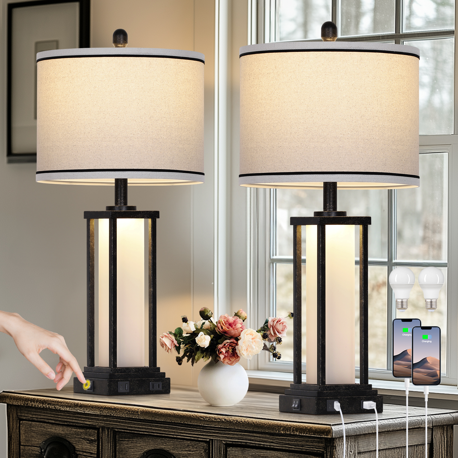 UrFurnishings TD-525 Modern 27-in Distressed Black LED Incandescent On/Off switch Table Lamp with Linen Shade