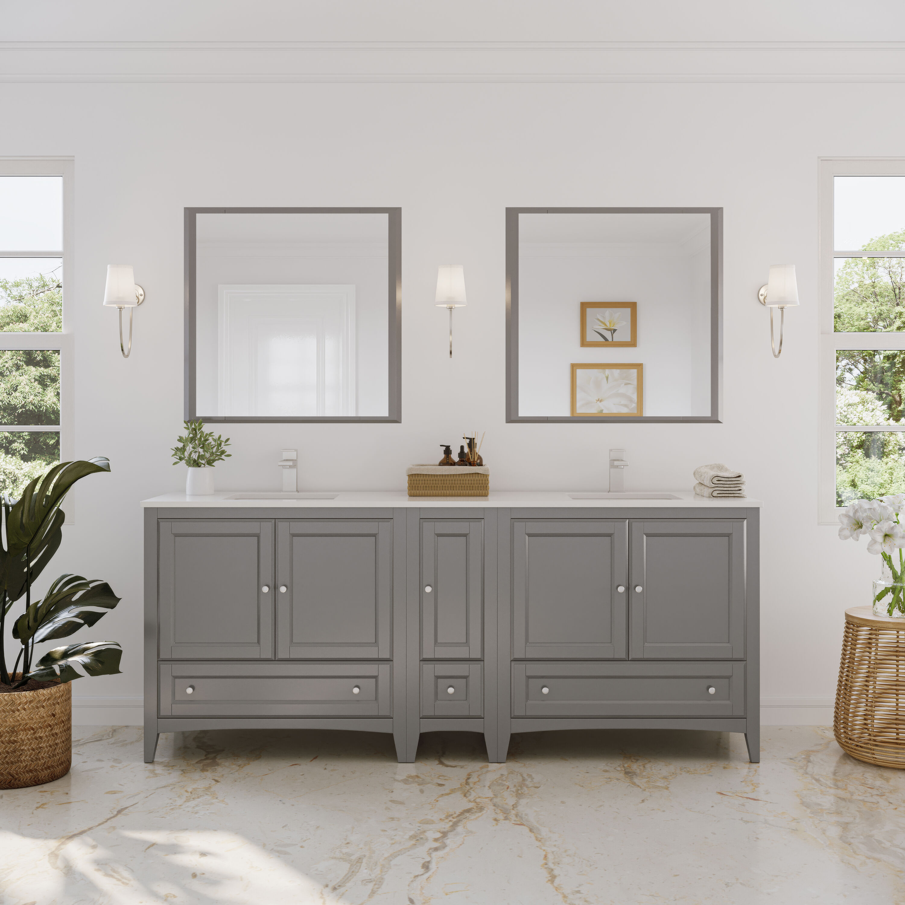 Fresca FVN20-361236GR Oxford 84-in Gray Undermount Double sink Bathroom Vanity with White Quartz Top (Mirror Included)