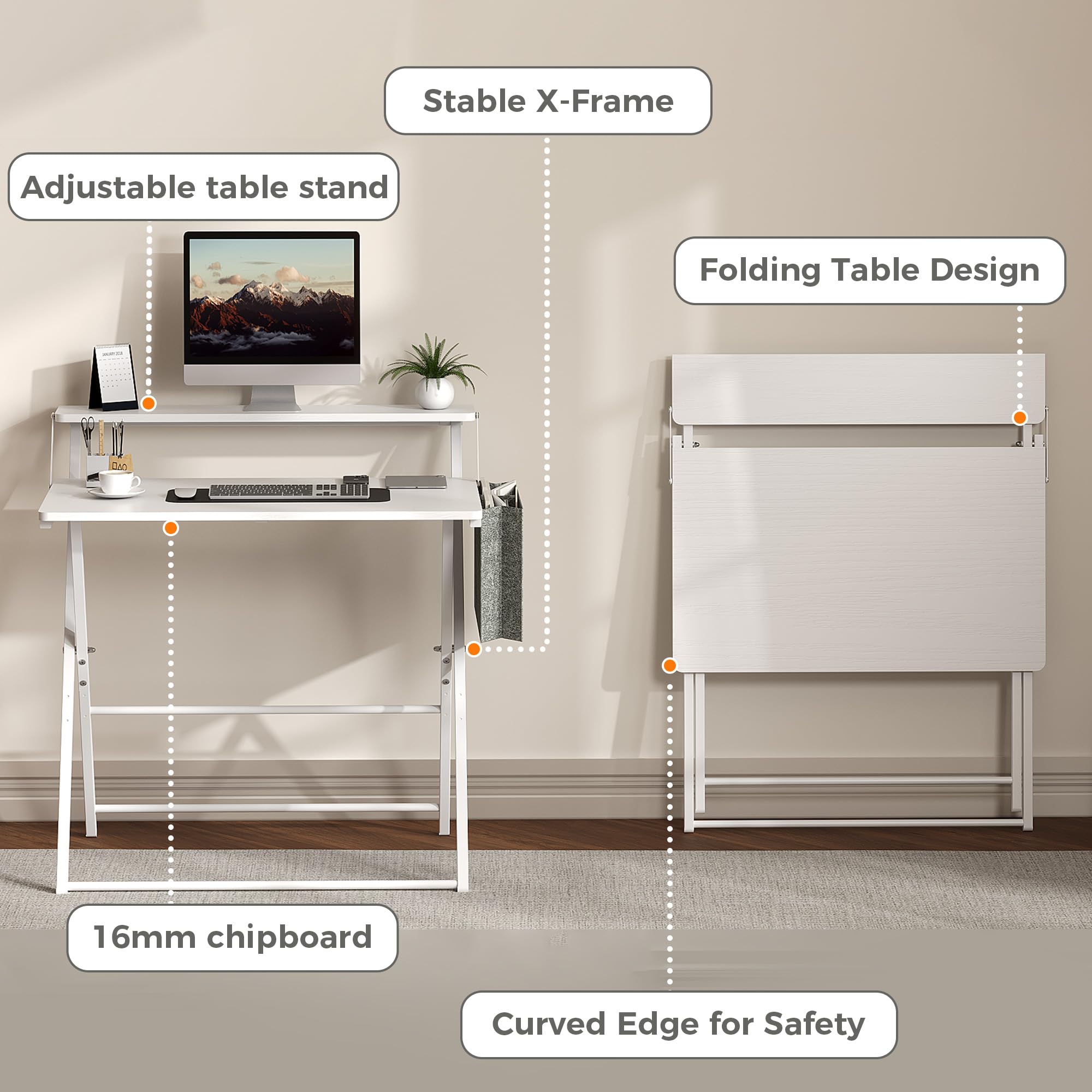 Garvee White No Assembly 32 Inch Folding Computer Desk with Monitor ...