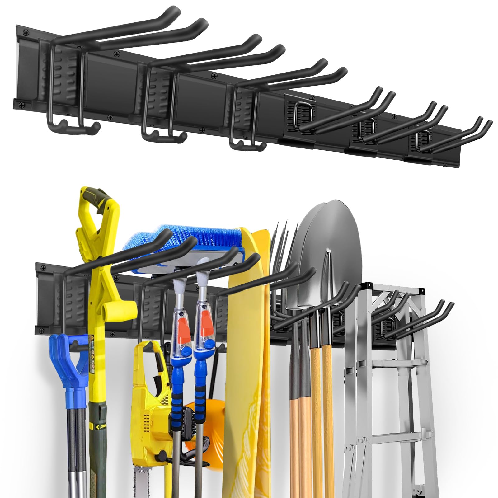 Ahfiwaso LS Brand 48 Inch Heavy Duty Garage Tool Organizer Wall Mount Storage Rack with 6 Hooks for Yard Tools Folding Chair Rake Shovel Ladder Broom