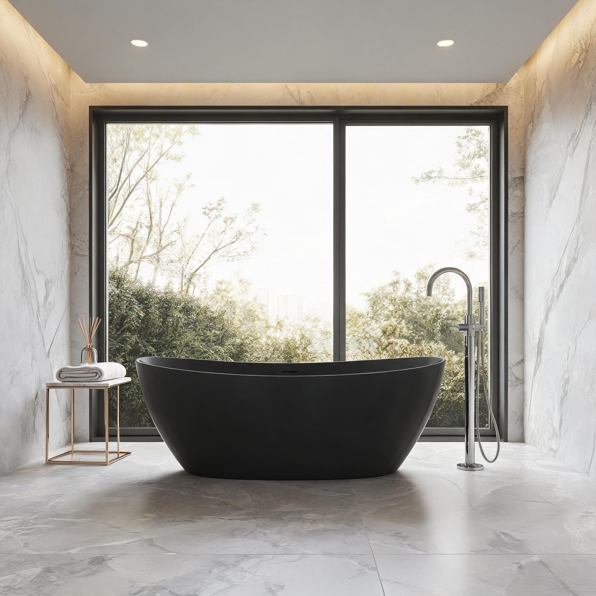 IAK 65 inch Matte Black Solid Surface Soaking Bathtub with Deep Soak Freestanding Design
