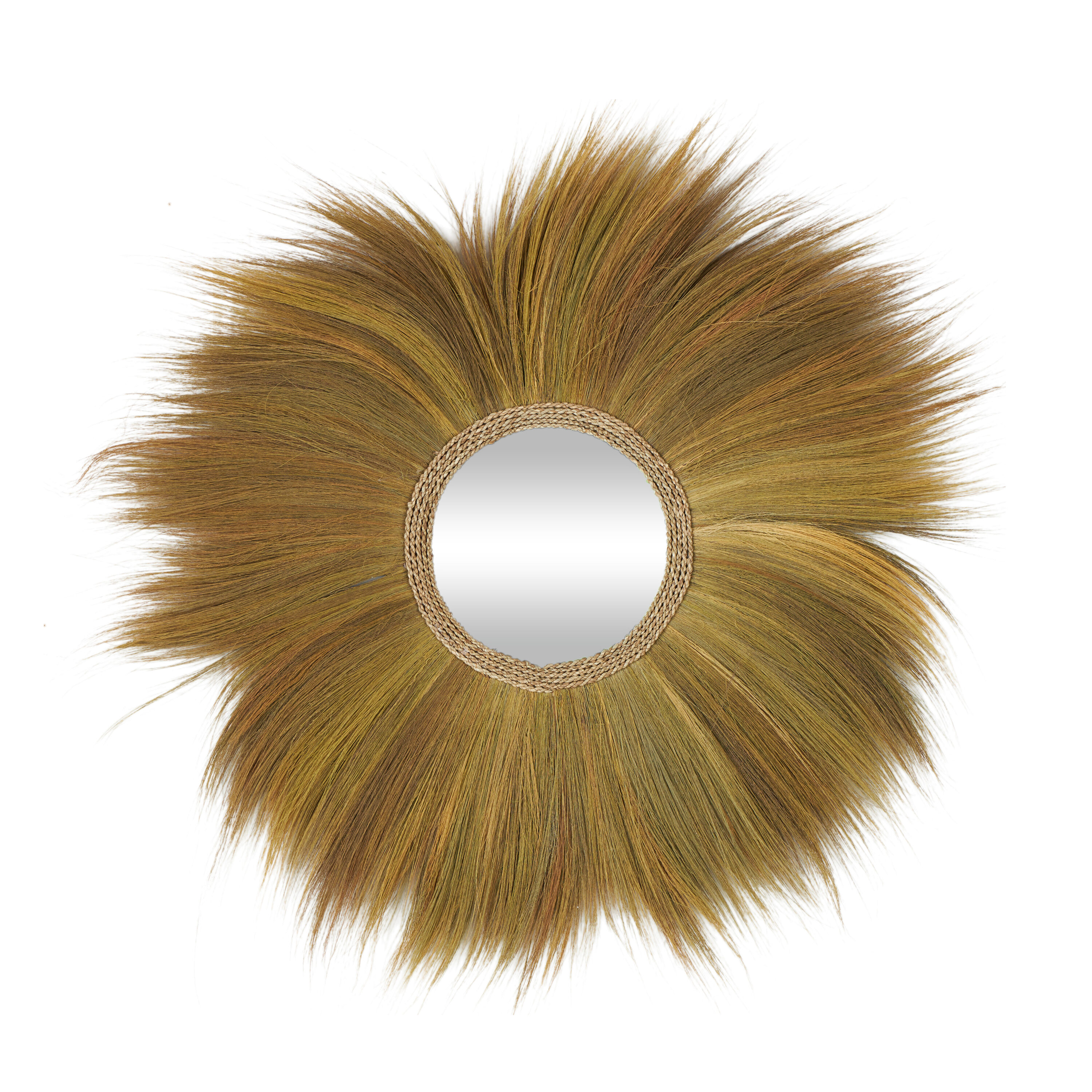 Golden Sunburst Round Decorative Wall Mirror with Grass Trim