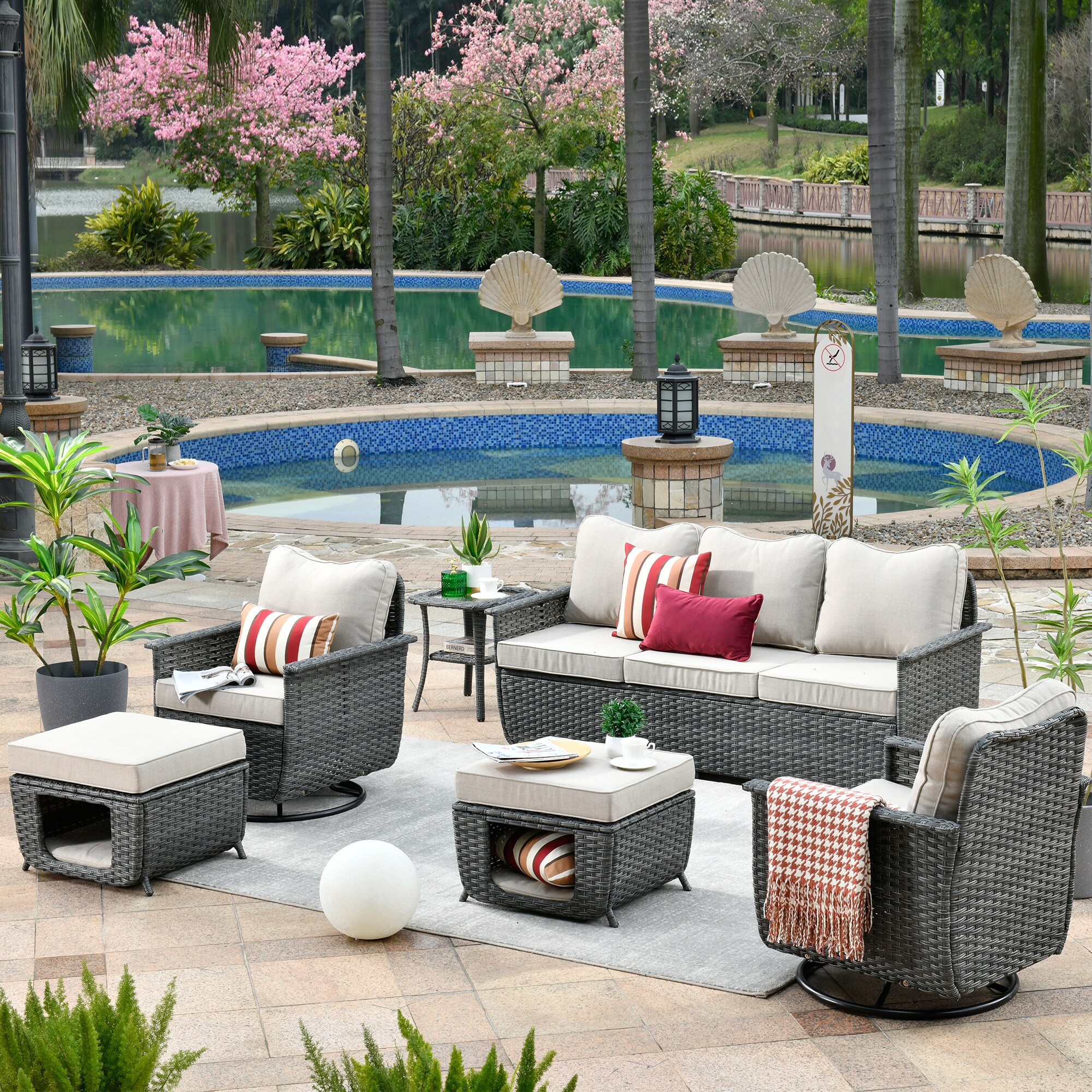 Ovios BP-606Y Nature 6 -Piece Wicker Patio Sofa Conversation Set with Off-white Cushions