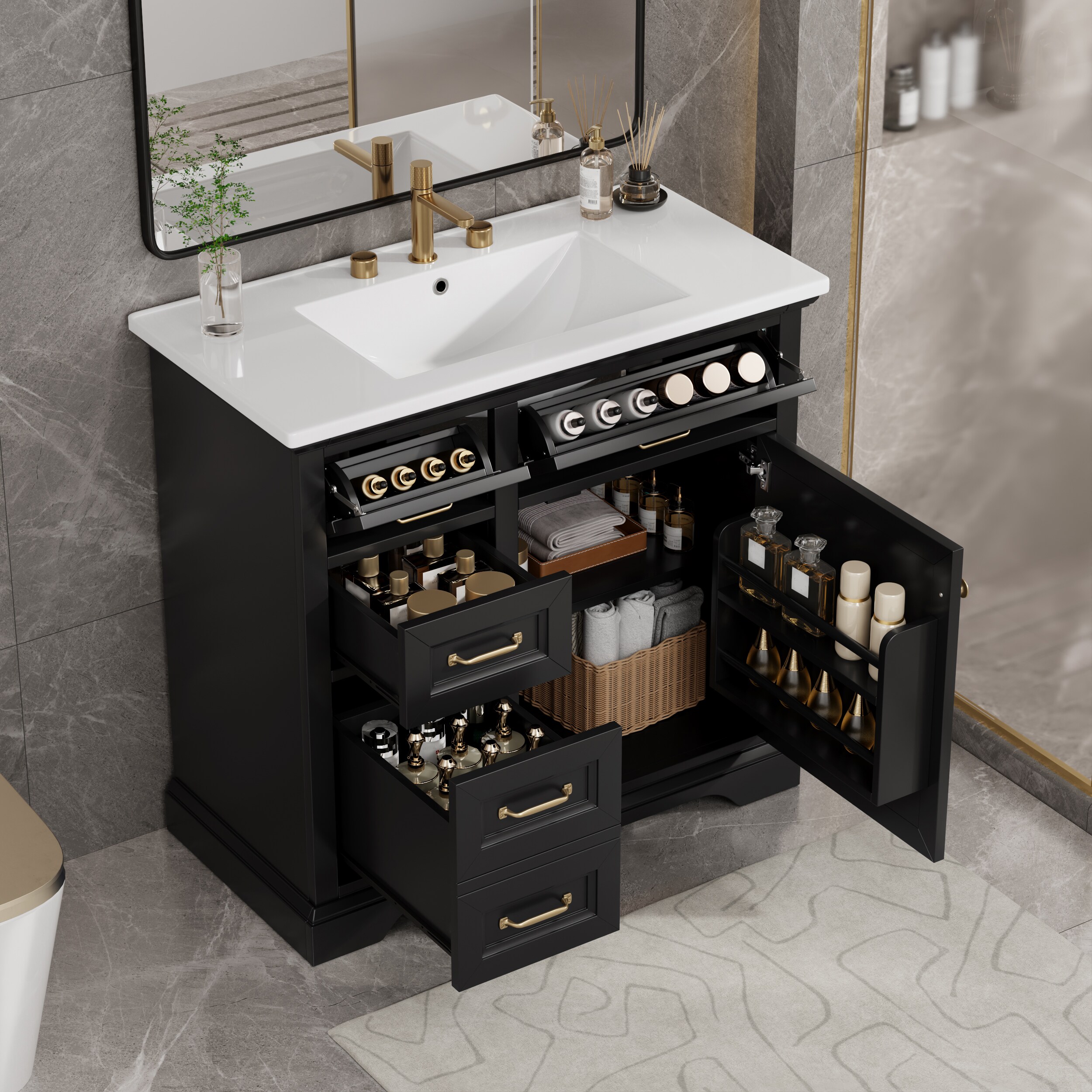 Tatayosi RY-P296118B 36 Inch Black Bathroom Vanity with Ceramic Sink and Four Drawers Soft Close Door Storage Cabinet with Metal Handles Freestanding Design