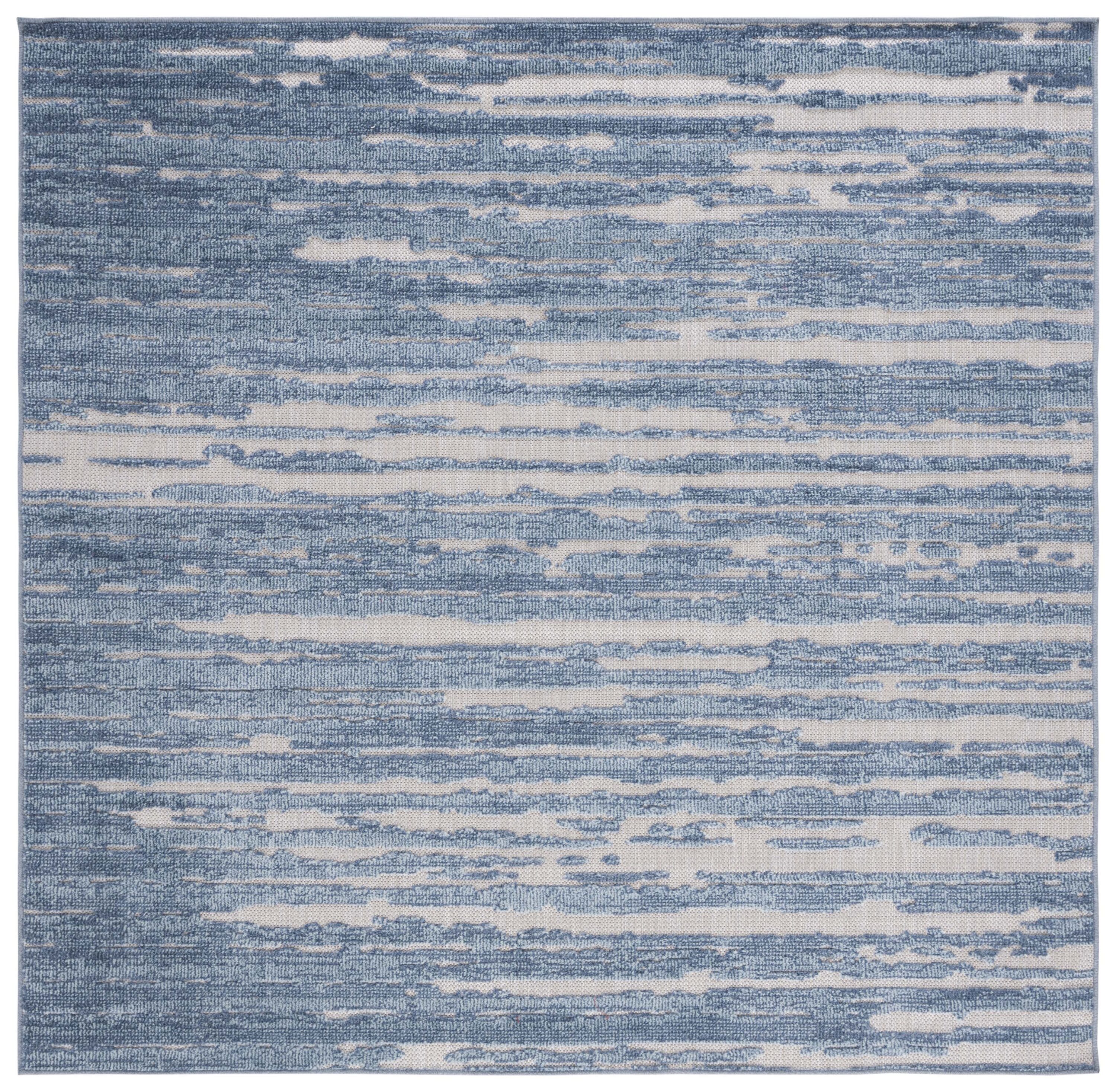 Blue and Beige Geometric Synthetic Square Rug