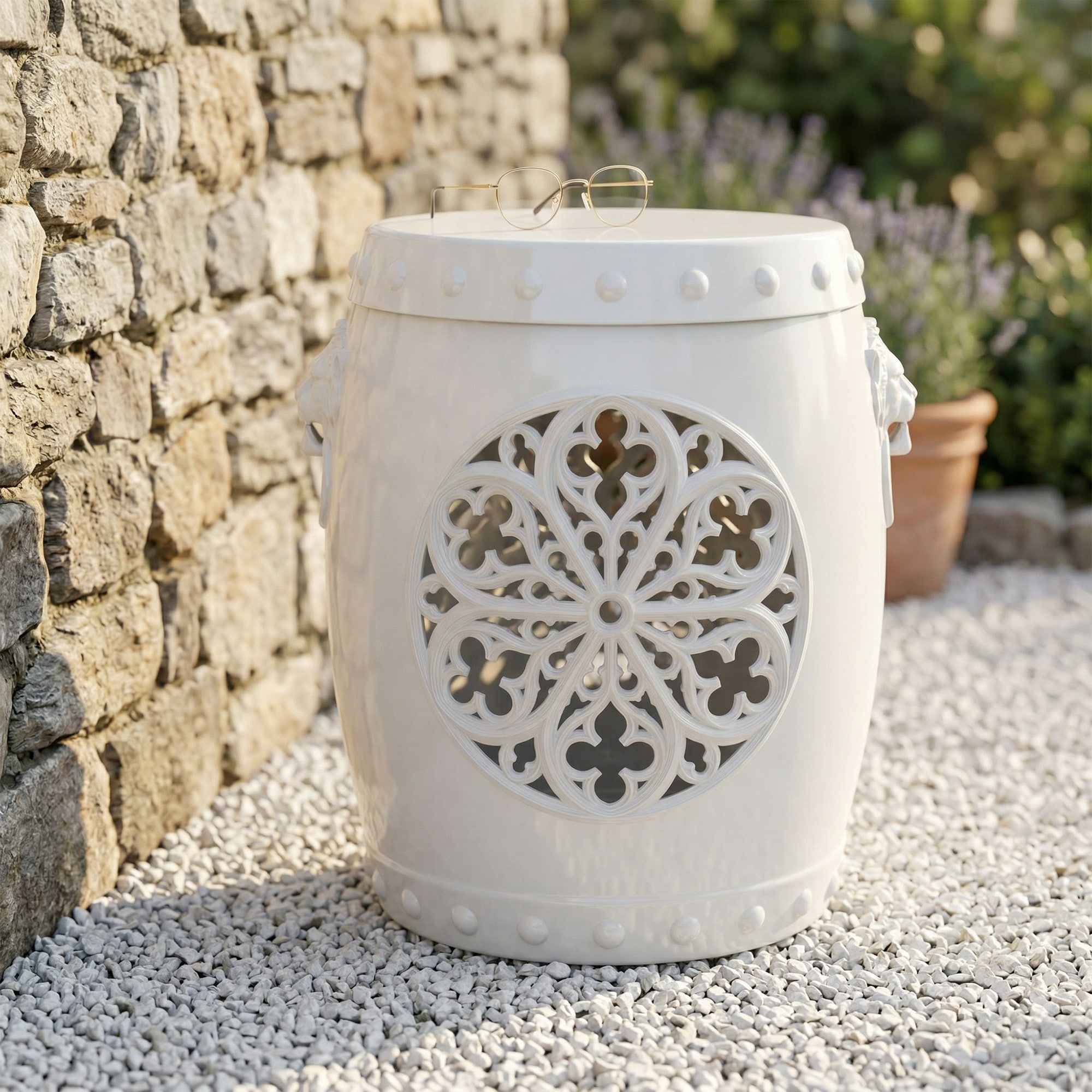 Patiozen Ceramic-Look Resin Outdoor Side Table with Storage  Waterproof Decorative Stool for Patio   Balcony    White