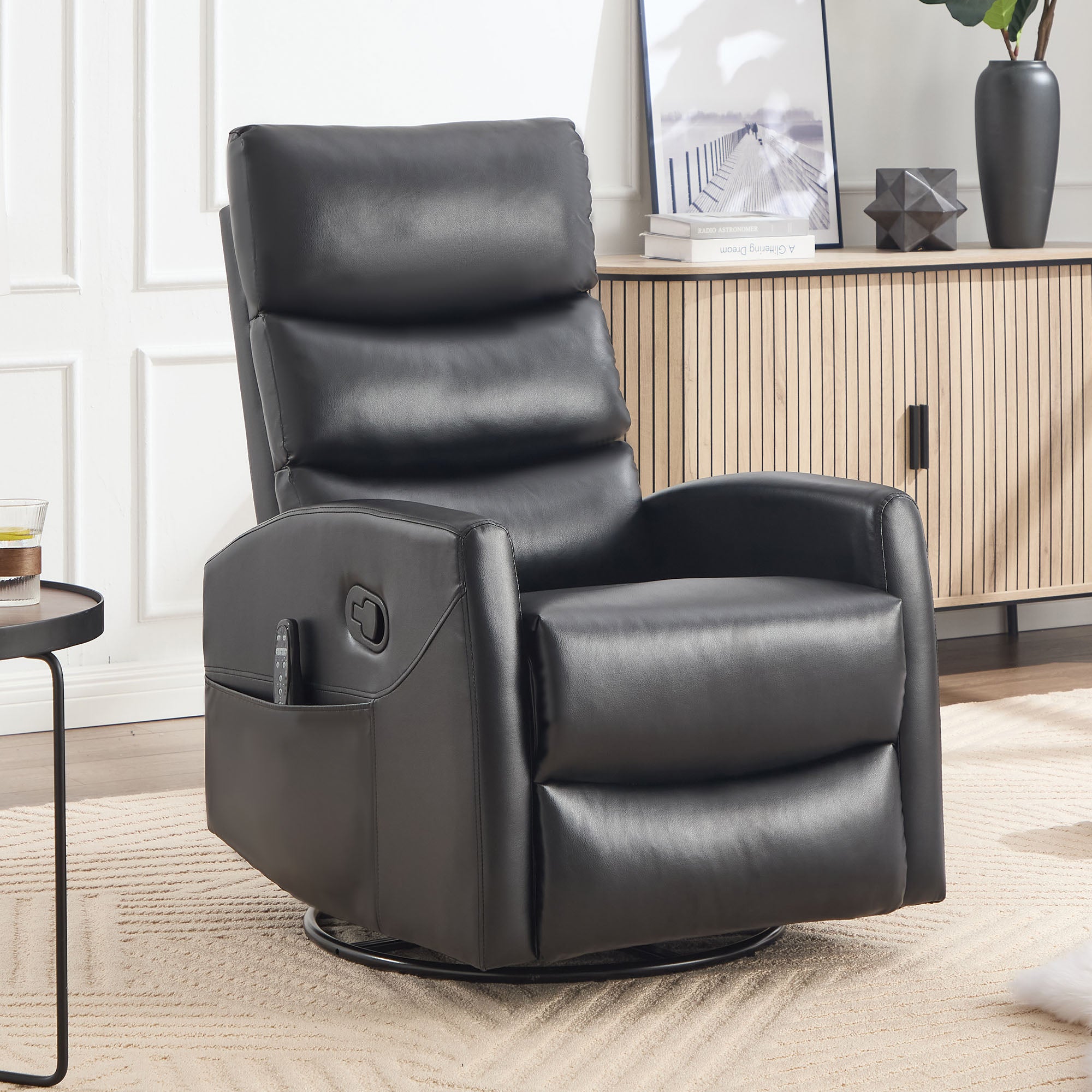 Boyel Living BL-CN456BKL Black Faux Leather Fabric Heat Massage Manual Recliner Chair with Rocker and Swivel for Living Room