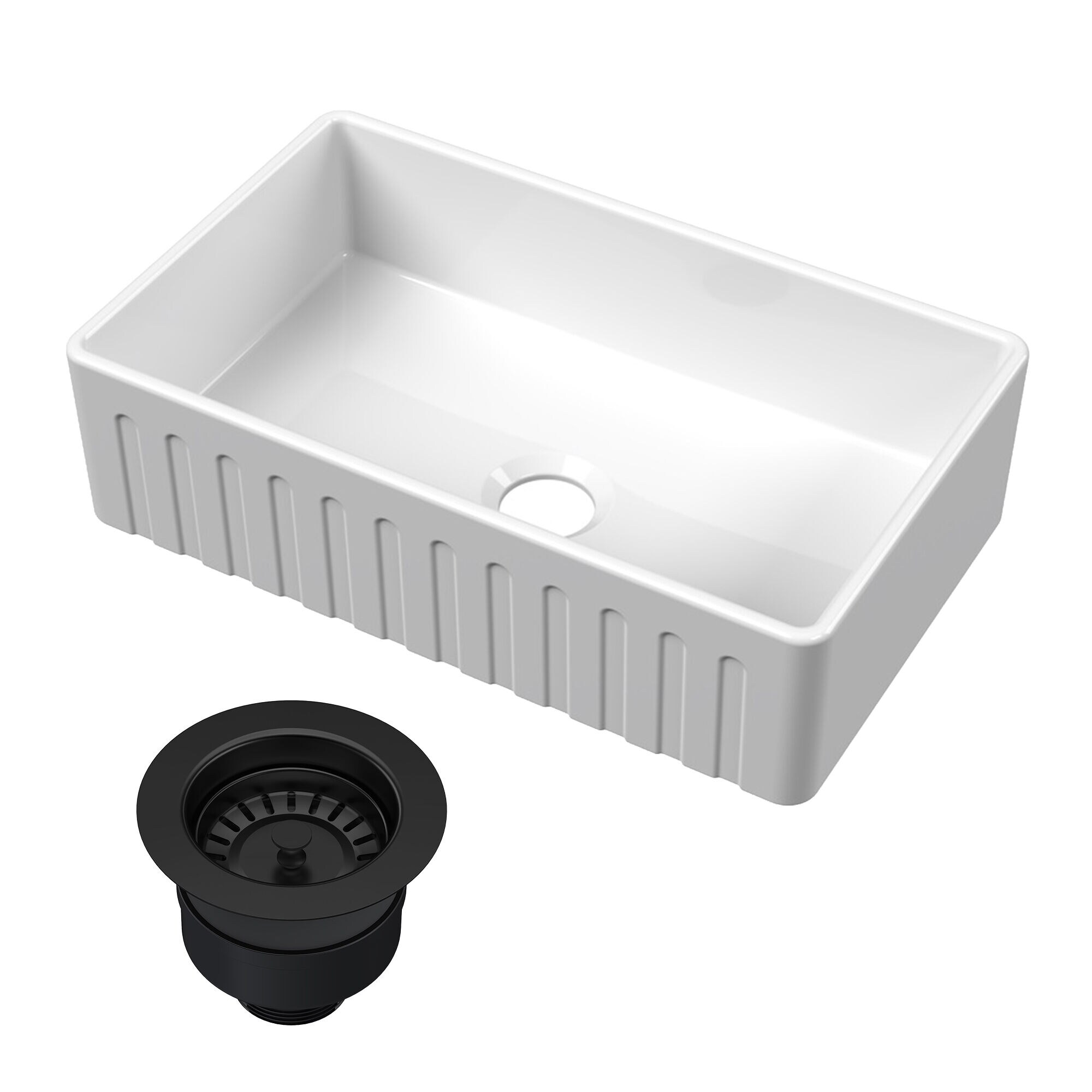 nuie  White Butler Kitchen Sink 30-in x 18-in x 8-in Fireclay Single Bowl Apron Front Reversible Fluted and Plain Farmhouse Sink with Matt Black Drain