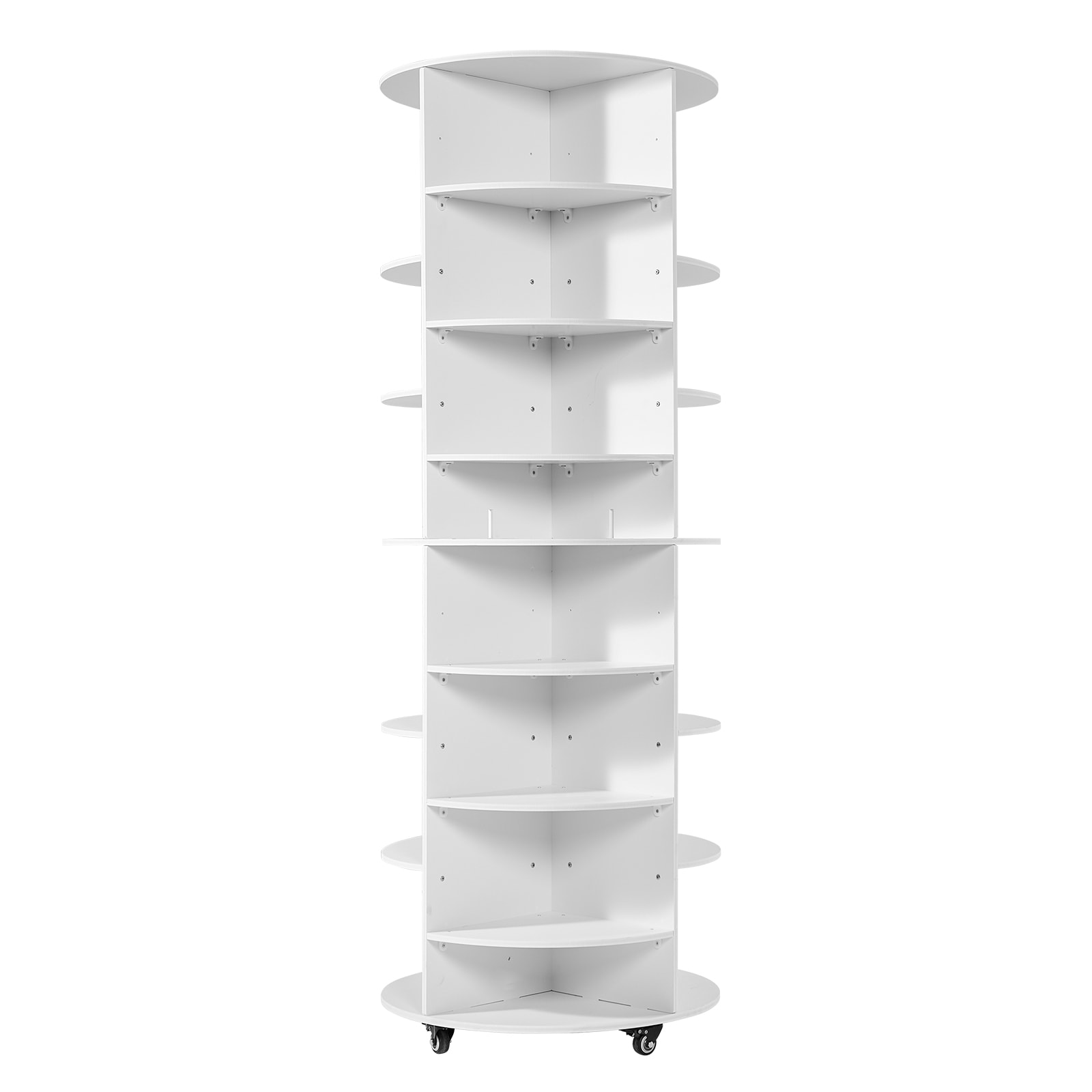 GIVIMO 7-Tier Rotating Shoe Rack Tower With Adjustable Shelves on Four Lockable Casters Holding 28 Pairs Across Four Compartments Per Shelf in White PVC Wood-Plastic Board for Bedroom Closet and Entryway Plus Retail Shoe Display Alike Too