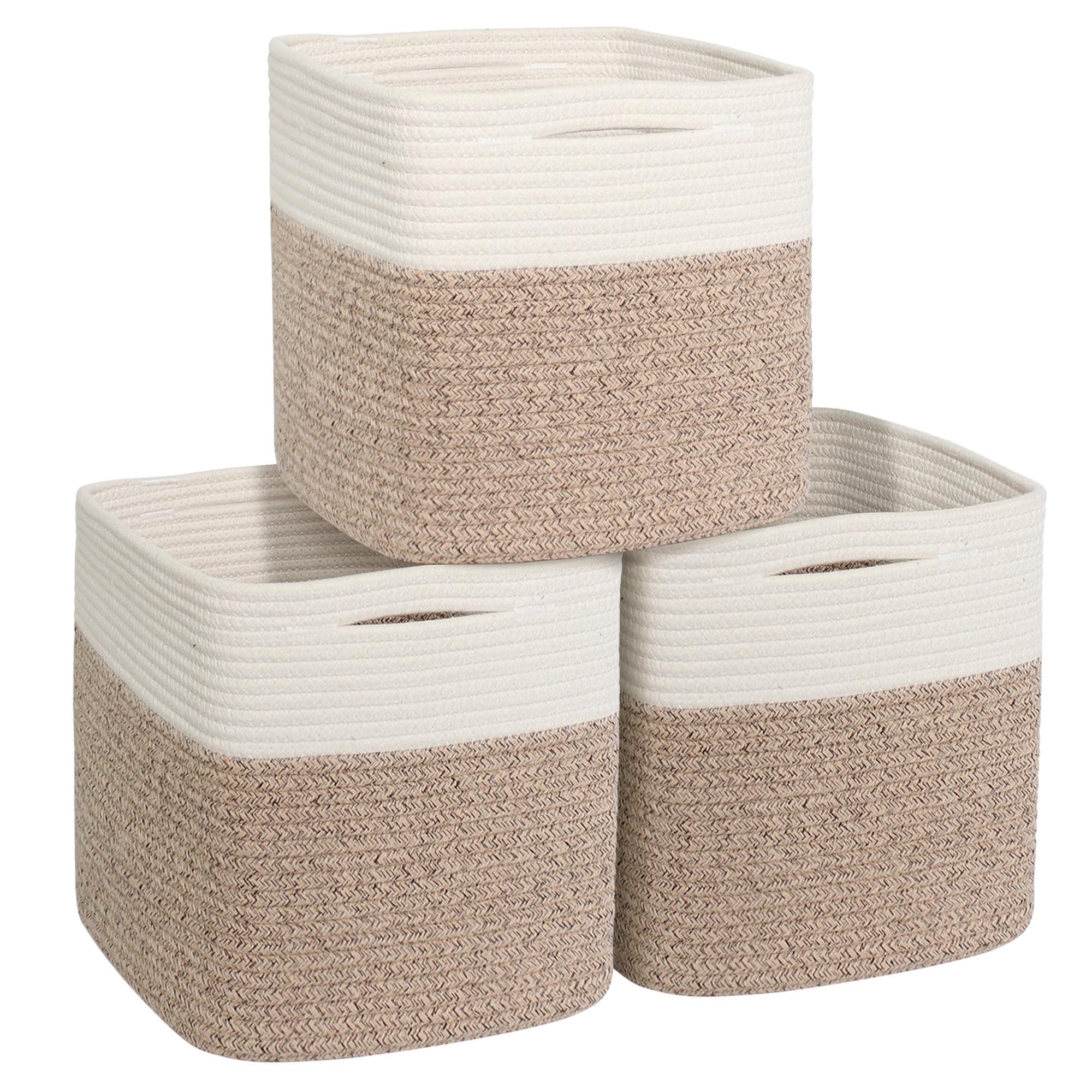 Vrbgify  3 Pack 11x11x11 Inch Cotton Rope Cube Storage Bins Woven Closet Organizer Baskets for Shelves Nursery Toys Clothes Books with Handles