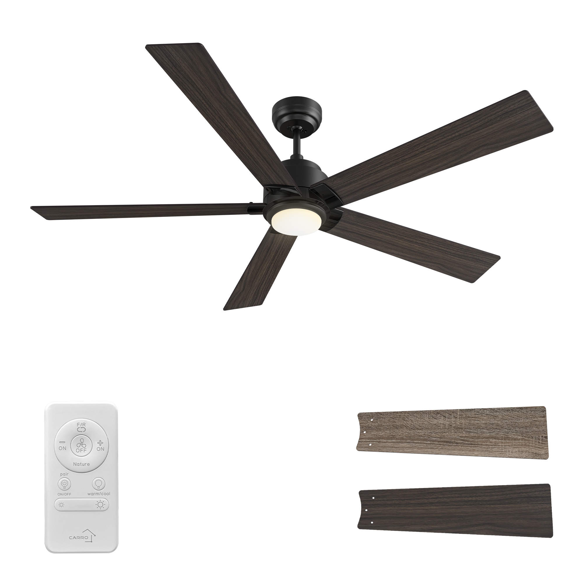 CARRO USA LCFR605J1-L11-BG-1 Kalmar 60-in Color-Changing Integrated LED Black with Wooden/Walnut Blades Ceiling Fan With Light - Remote Included ( 5 -Blade )