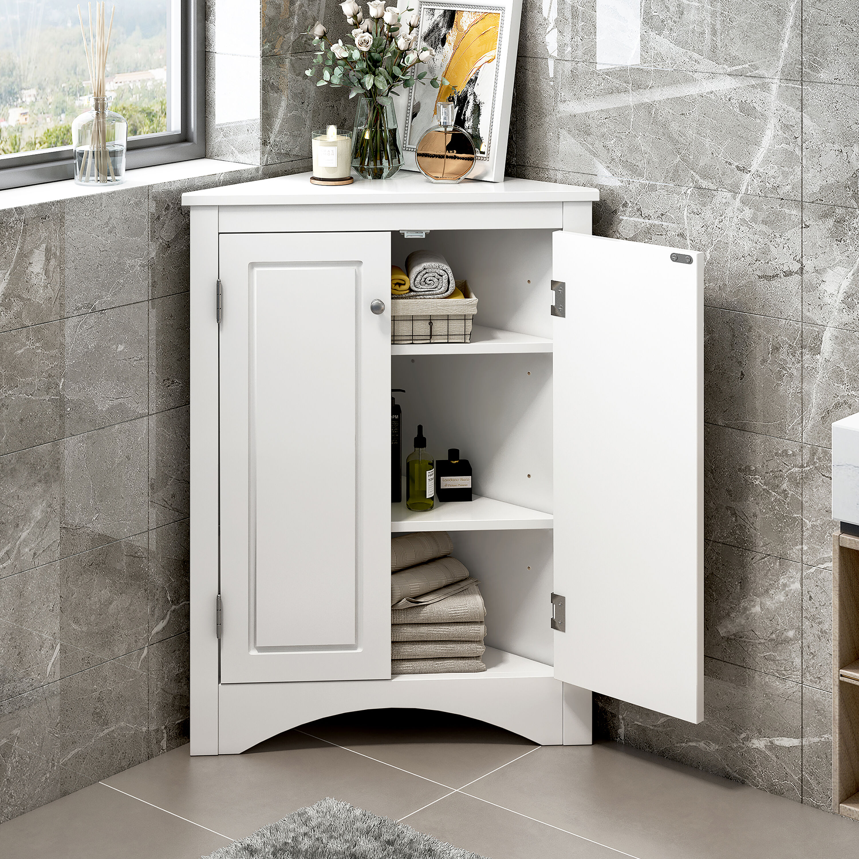 Modern Bathroom Storage Cabinet With Doors, Drawers And Adjustable Shelves,  White - ModernLuxe