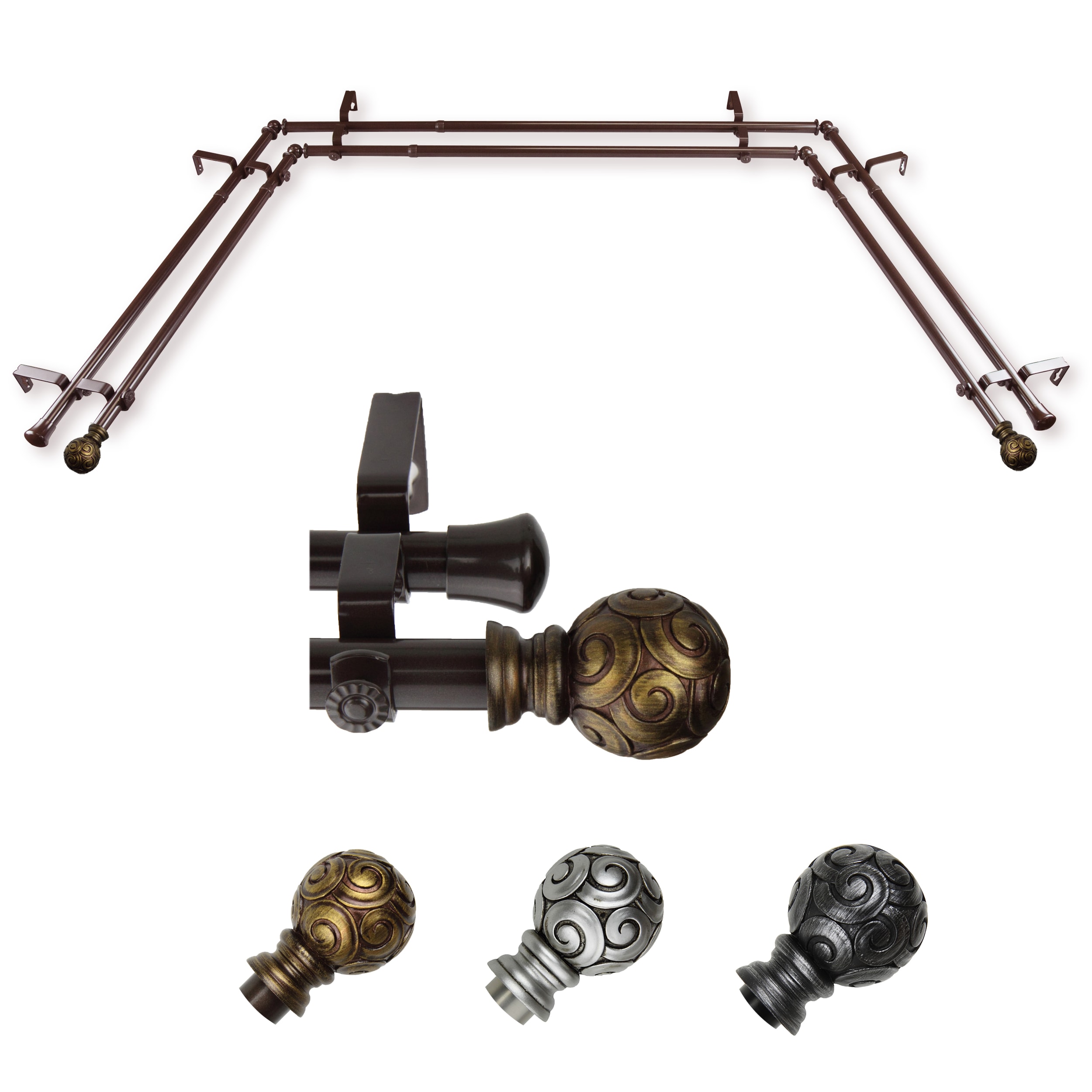 Hart & Harlow L-ABAY-17-7D Lillian 13/16-in Double Bay Cocoa Steel Bay window curtain rod with Finials