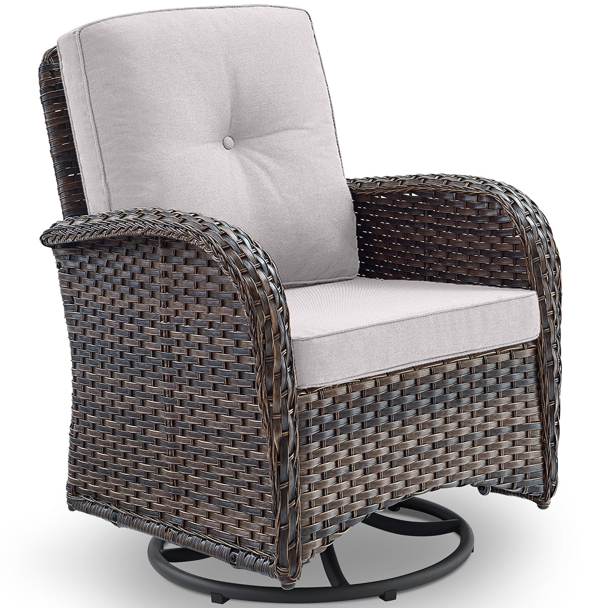 Rilyson FSBR20-2A New Juno Wicker Brown Wicker Frame Swivel glider Conversation Chair with Off-white Beige Cushioned Seat