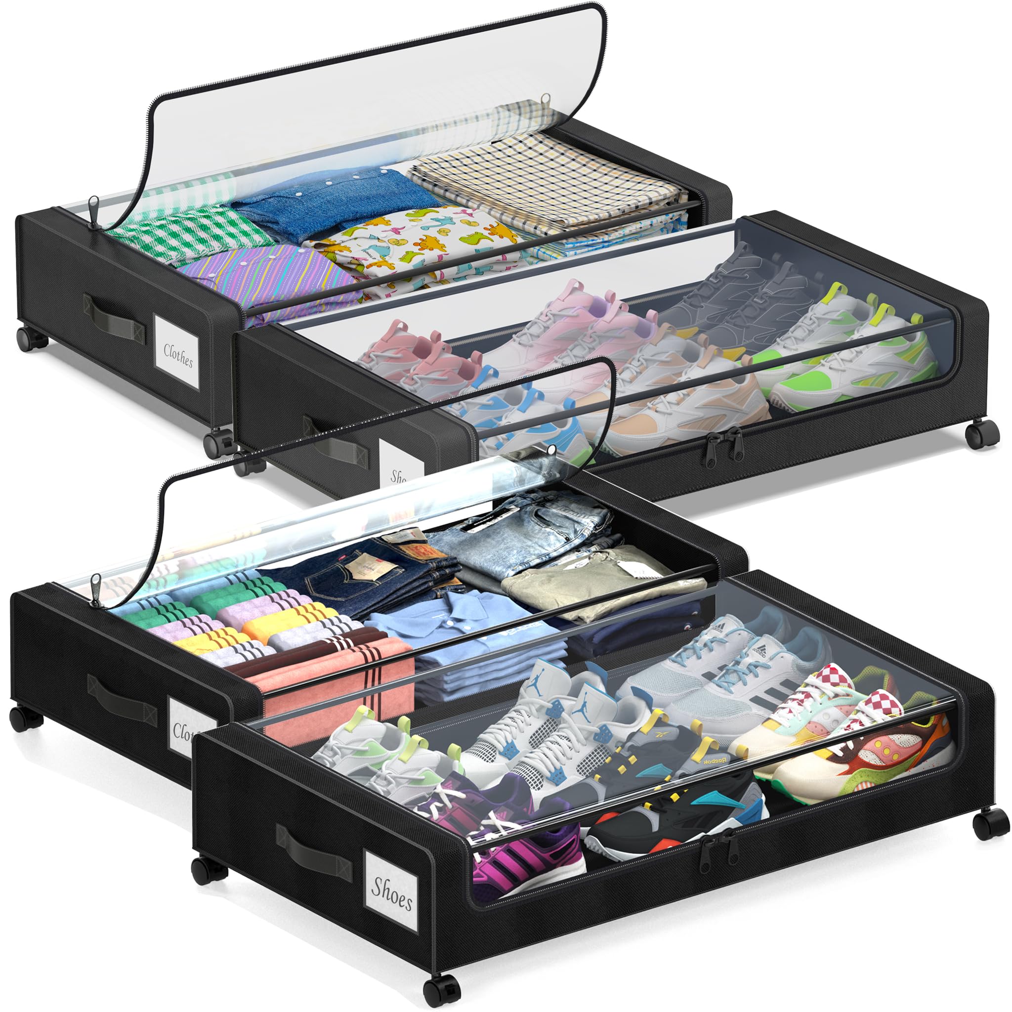 YICSAM Black 4 Pack Under Bed Storage Containers With Wheels 65L Large Capacity Rolling Fabric Organizer With Clear Lid
