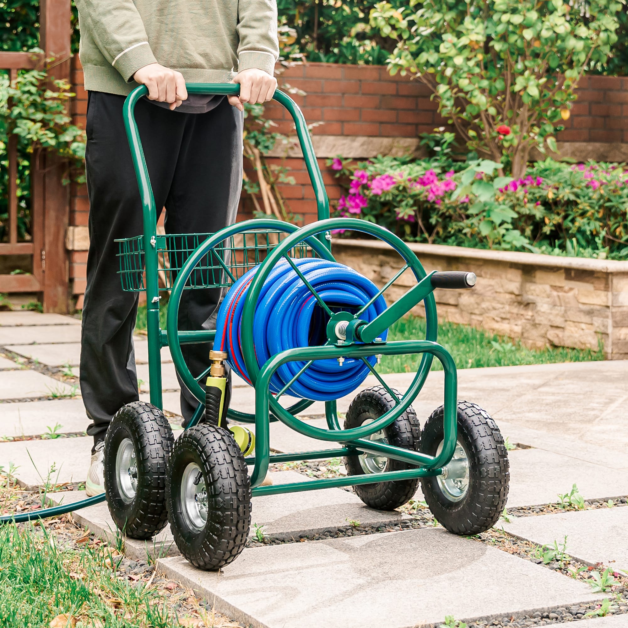 Glitzhome Portable Steel-Painted Green Garden Hose Reel Cart, Fits