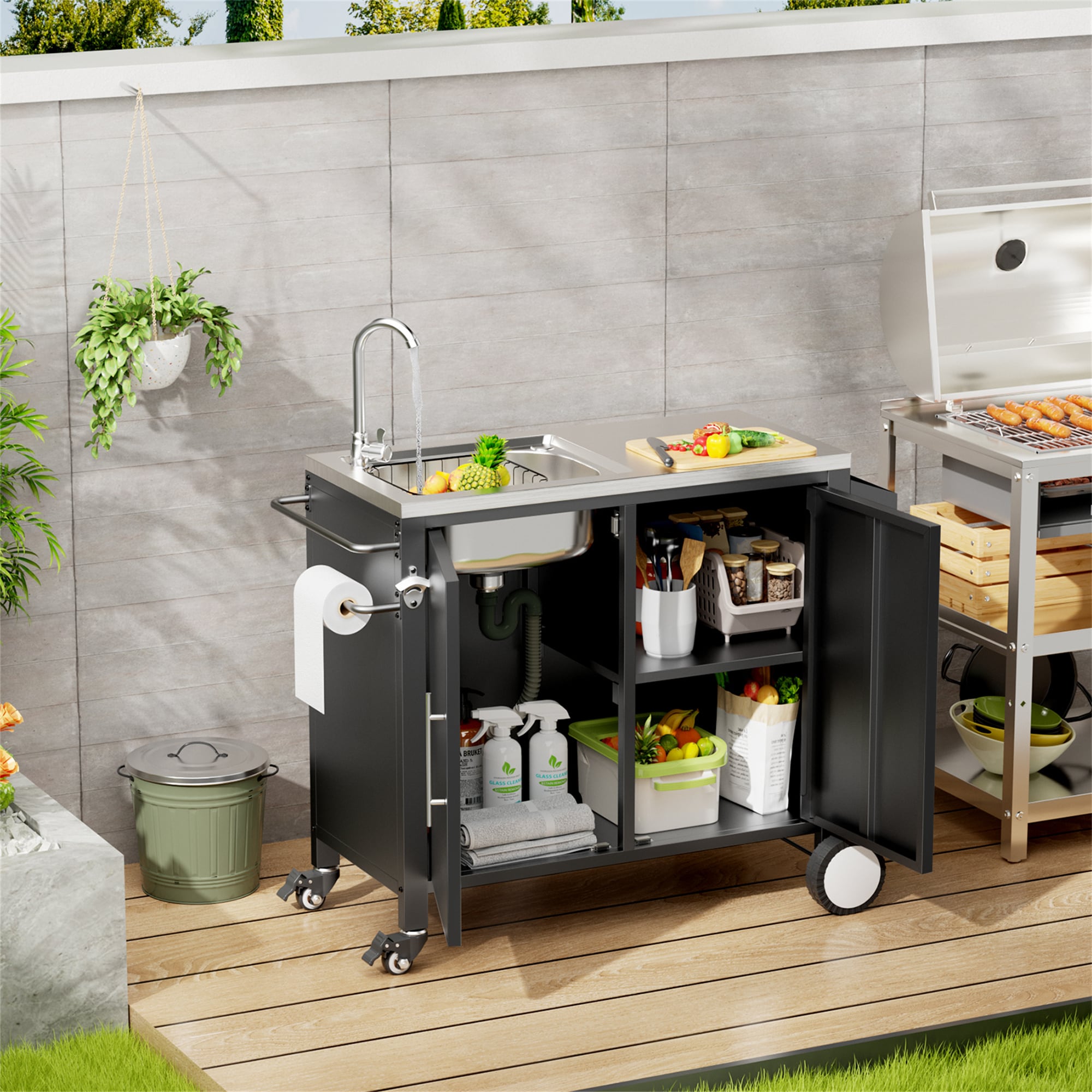 BABOOM - Grill Table with Sink Black Steel Grill cart