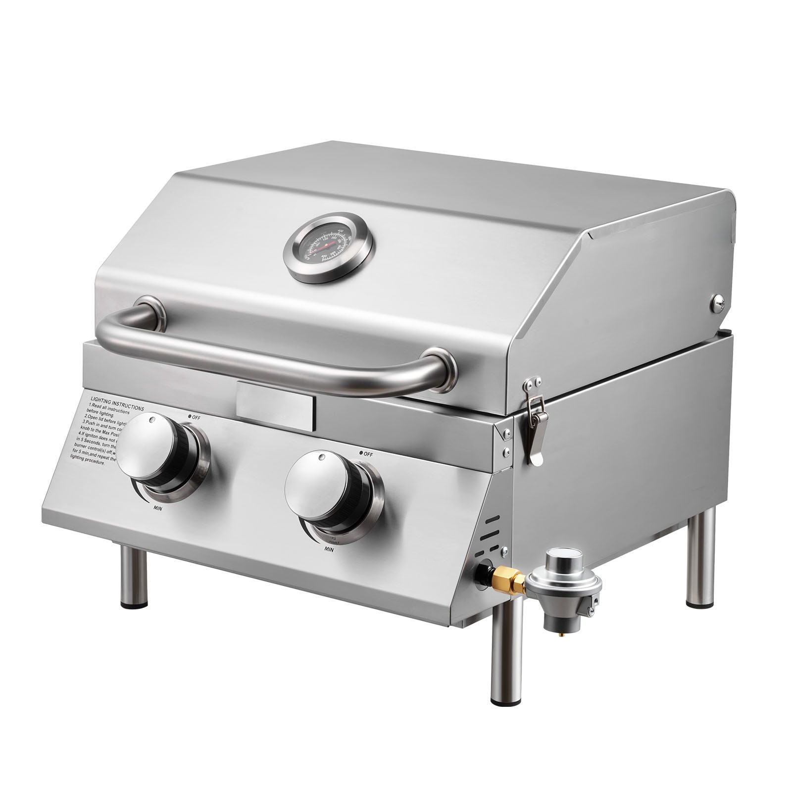 VEVOR Tabletop Gas Grill 2-Burner Stainless Steel Portable Propane Grill with Built-in Thermometer Travel Locks Weatherproof Lid 15000 BTU Total for Outdoor Cooking Patio Party Camping RV