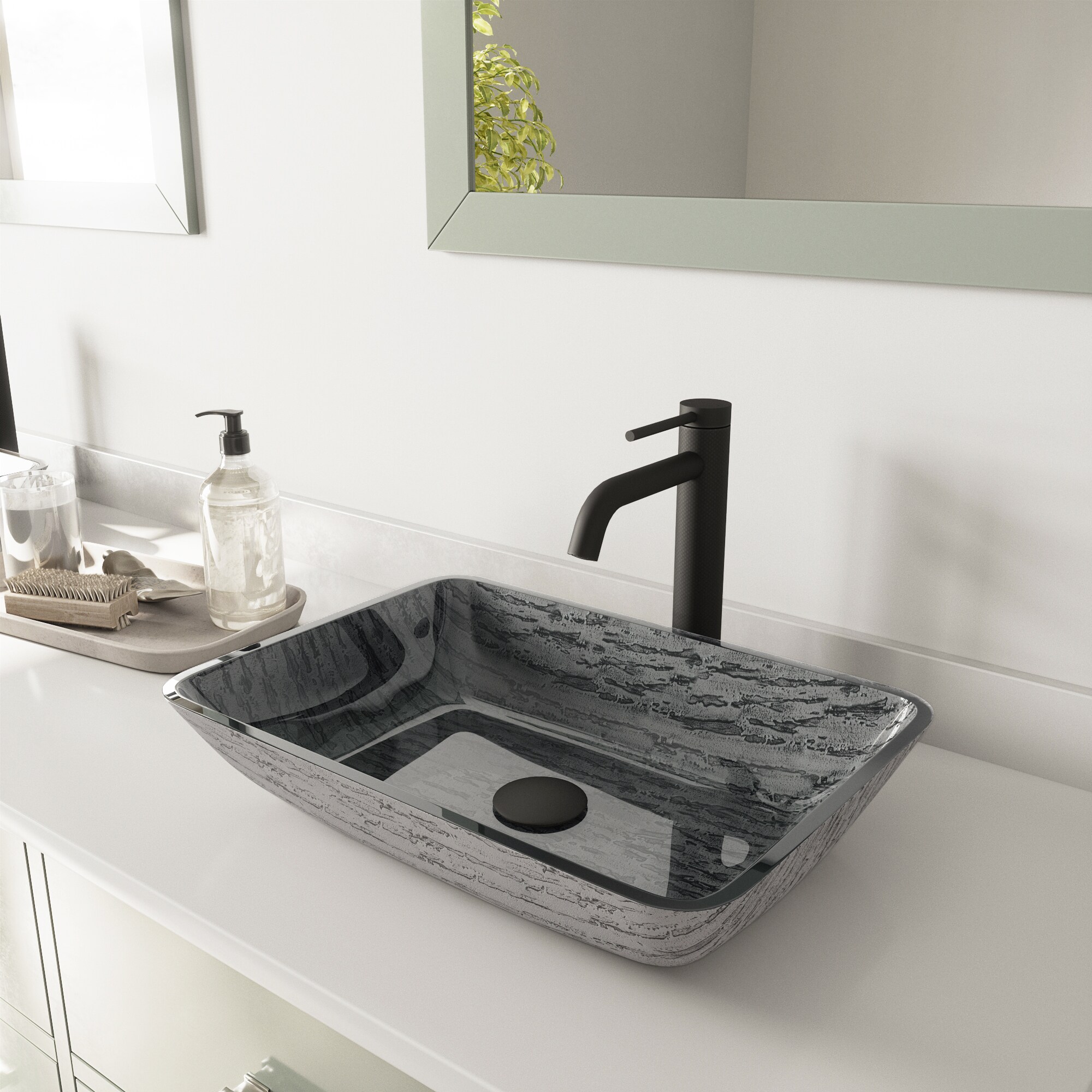 VIGO Titanium Slate Grey Glass Vessel Rectangular Modern Bathroom Sink ...