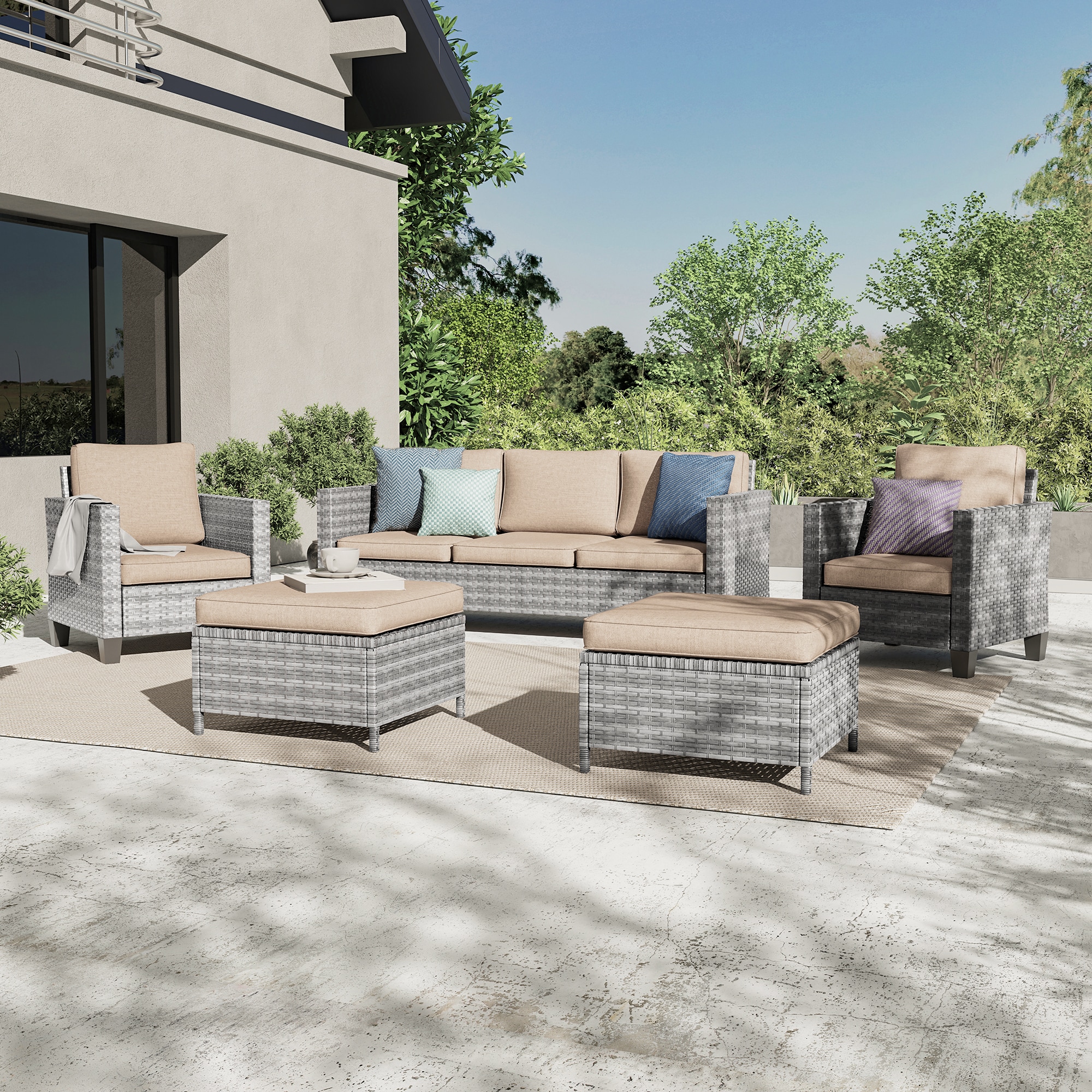 ACEGOSES LW-F700HSD 5 -Piece Wicker Patio Sofa Conversation Set with Tan Cushions