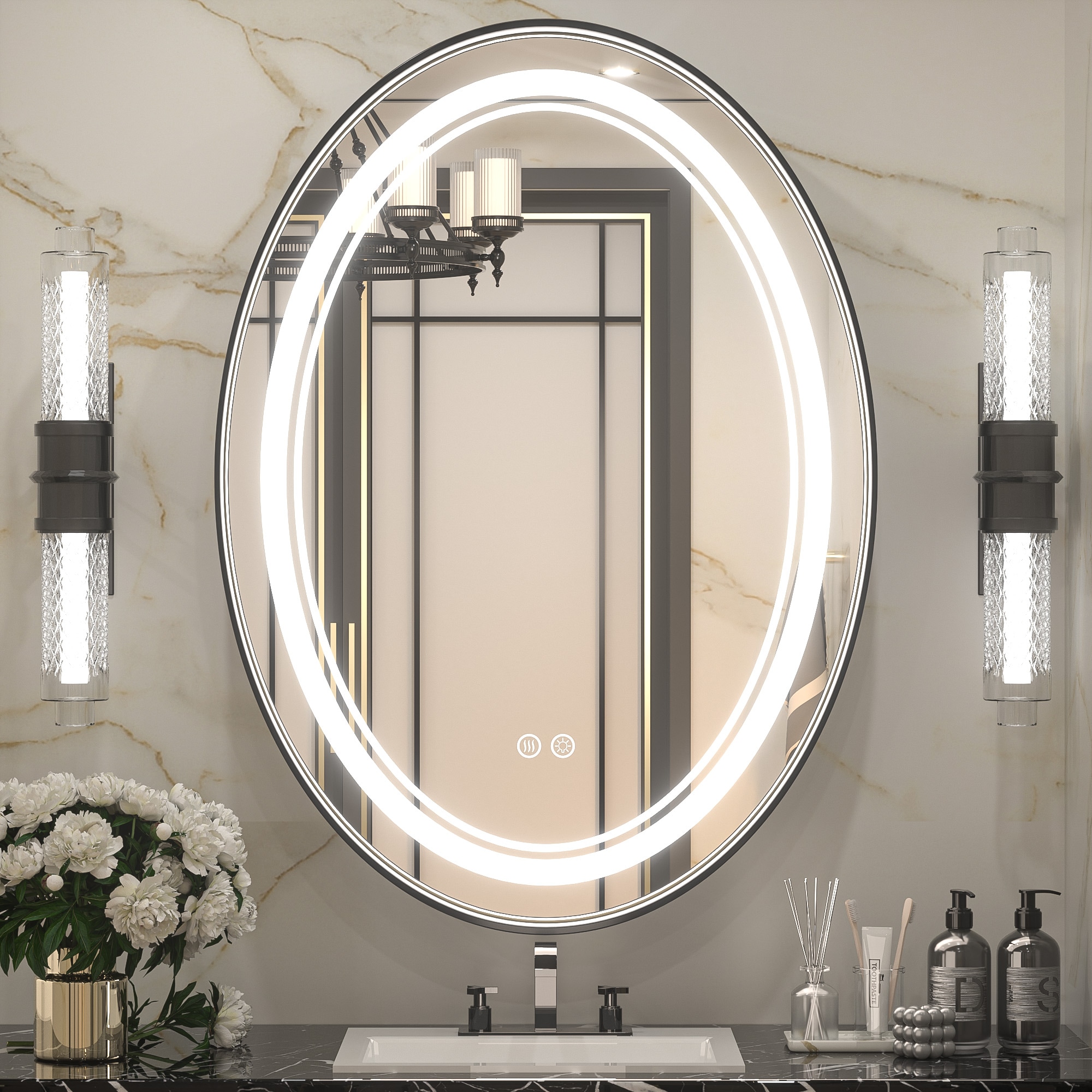 Keonjinn LW-JZ-ZG-MTY-5576-BK 22-in x 30-in Framed Oval Dimmable LED Lighted Fog Free Bathroom Vanity Mirror ( Matte Black )