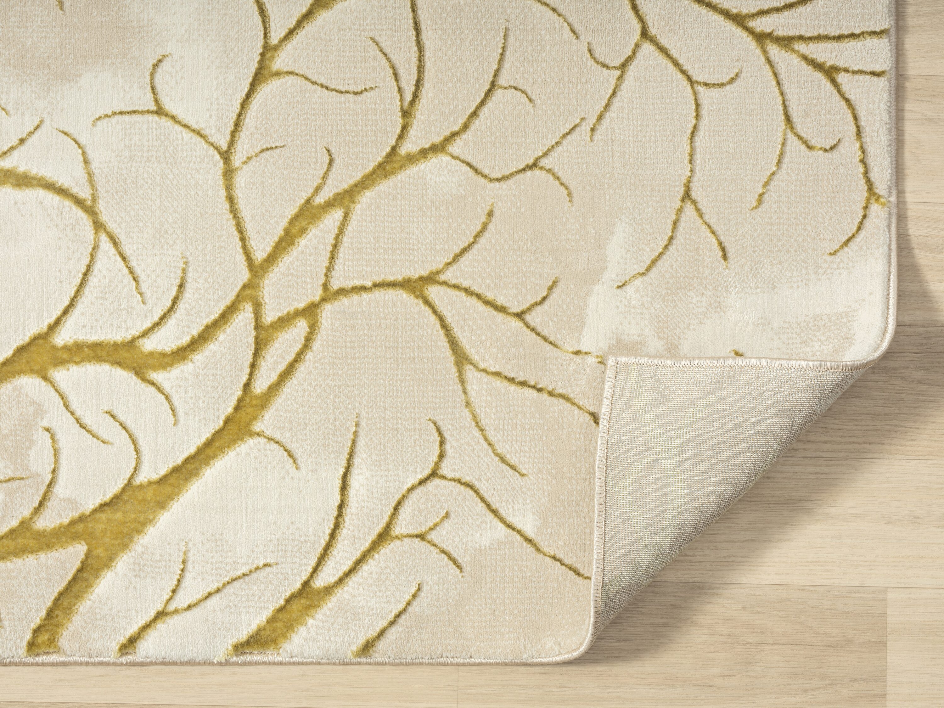 Beige and Gold Abstract Synthetic Area Rug