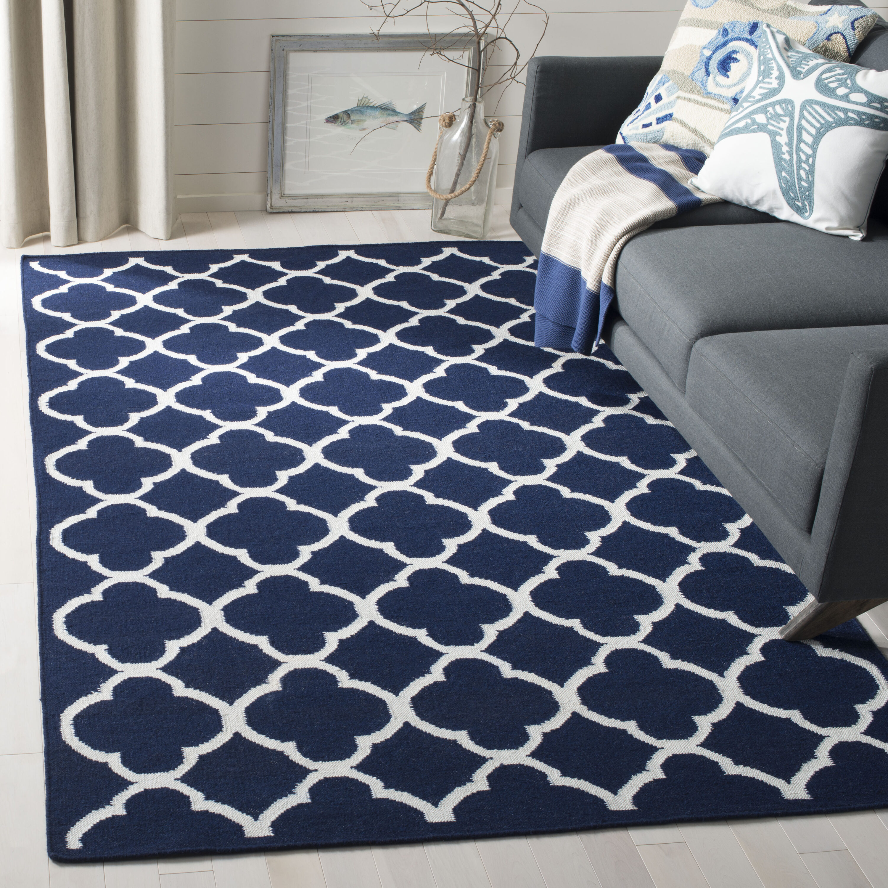  Dhurries 627 Navy/Ivory Contemporary 4ft x 6ft Small Rectangle Rug
