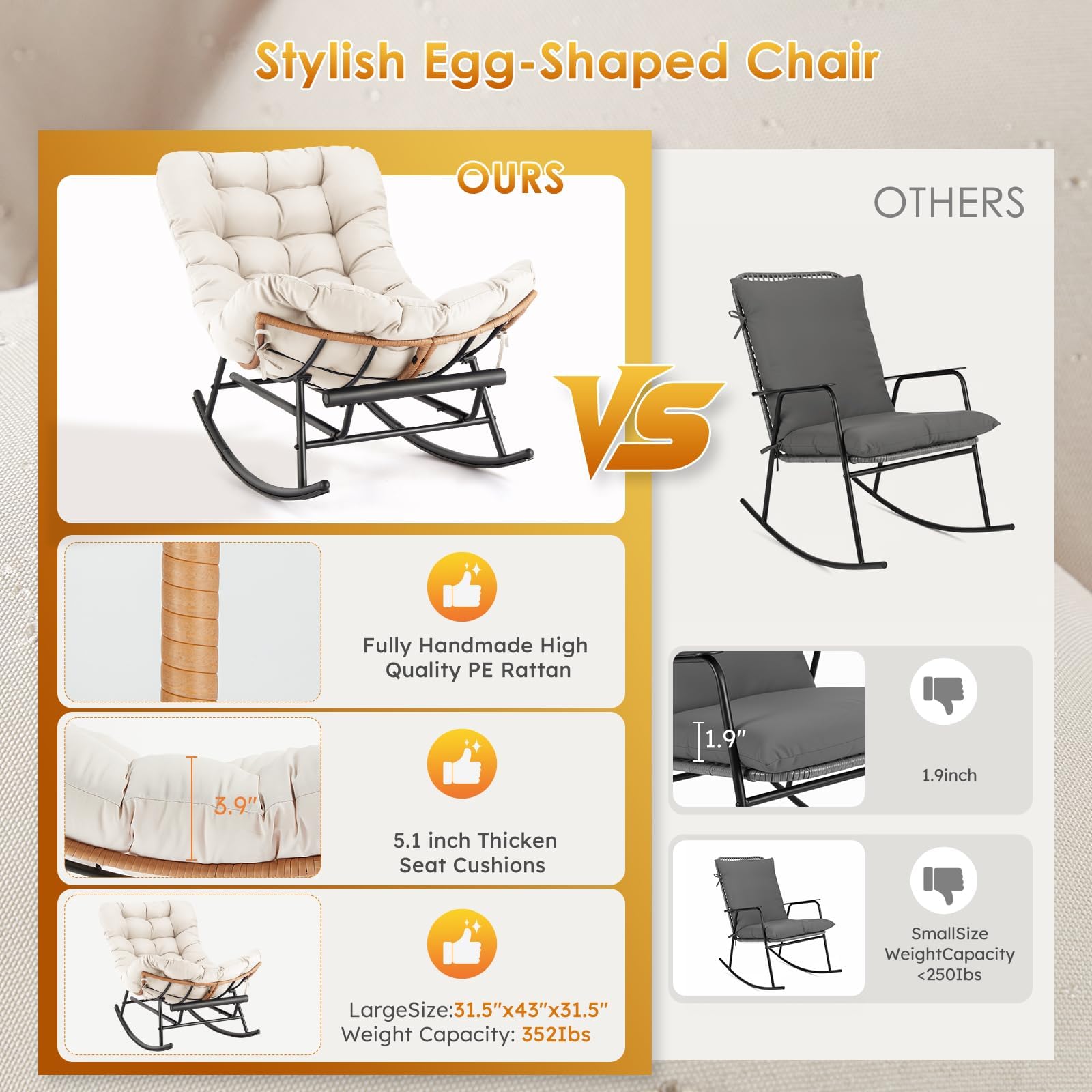 IdealHouse Oversized Outdoor Papasan Rocking Ottoman Chair Extendable ...