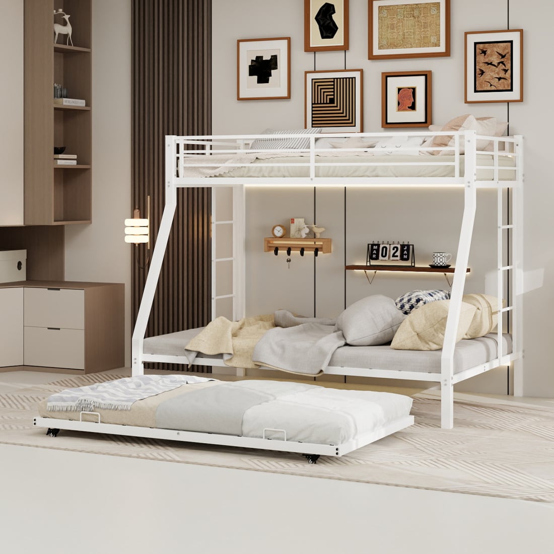 CHITA Metal Triple Bunk Bed Twin Over Full with Twin Trundle- Durable White Steel Frame Space- Saving Design and Maximum Comfort