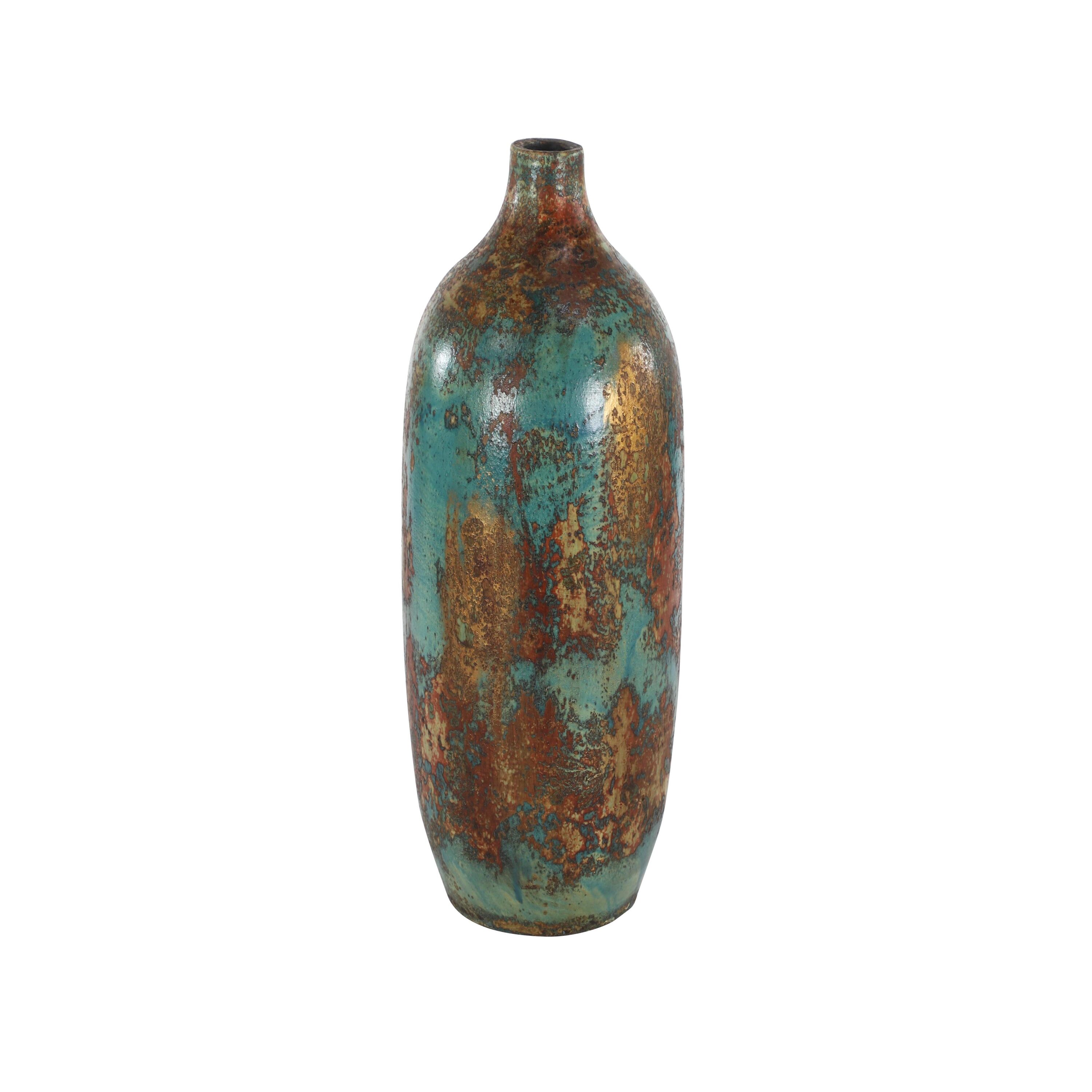 Rustic Turquoise and Bronze Ceramic Decorative Vase