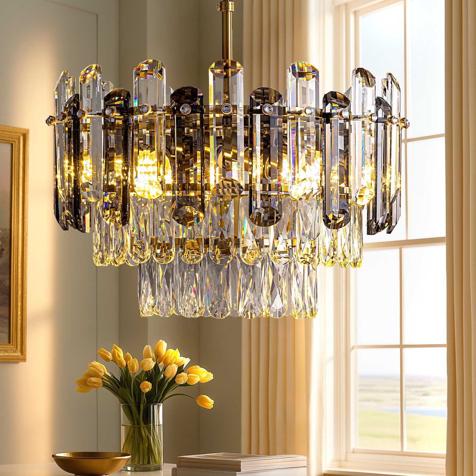 SILJOY 15.7-in Modern Empire Brass Gold 6-Light K9 Crystal Chandelier with Adjustable Chain for Bedroom Dining Room Living Room Foyer and Entryway