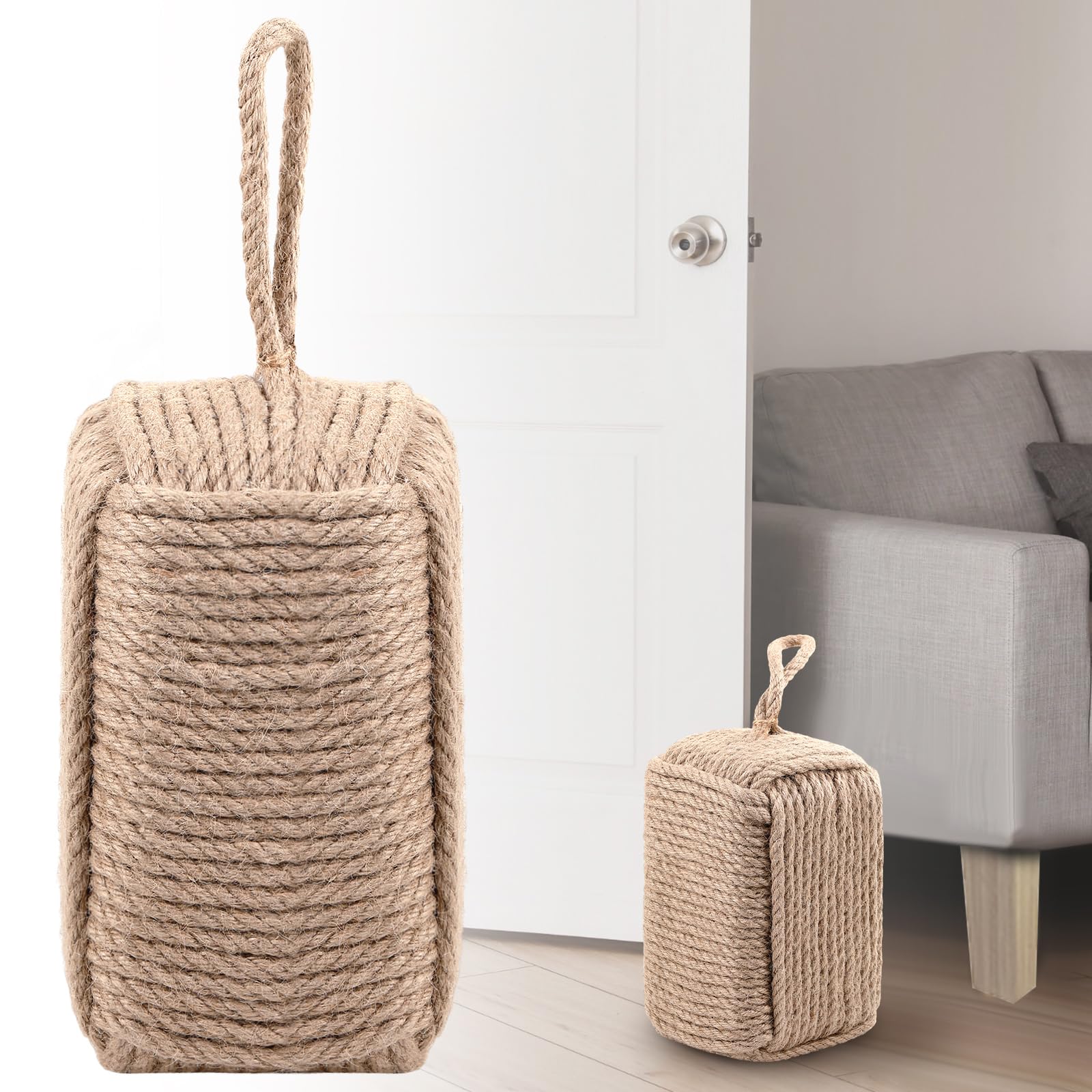 UUDULY  Rope Door Stop Decorative Heavy Weighted Door Stopper with Handle for Indoor and Outdoor Use Light Brown Cotton Hemp Rope 4.72 d by 11.8 h