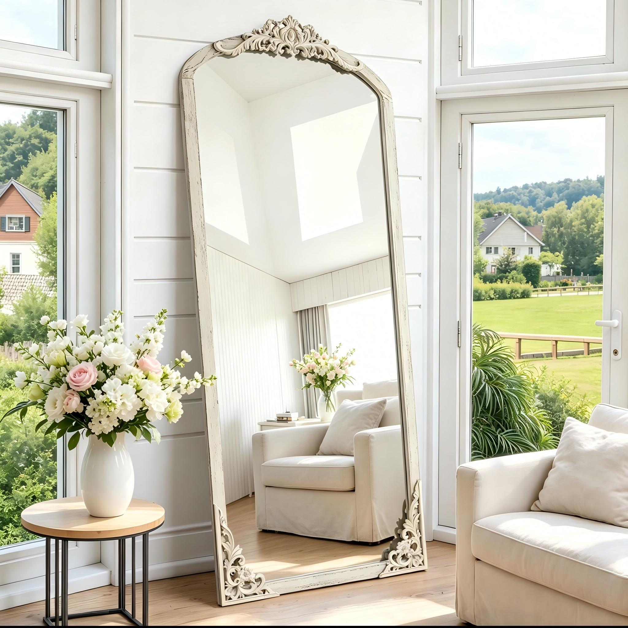 Misty Moon 64-in H x 21-in W Distressed White Solid Wood Ornate Carved Arched Full Length Floor Mirror with Stand Bedroom Entryway Decor Mirror
