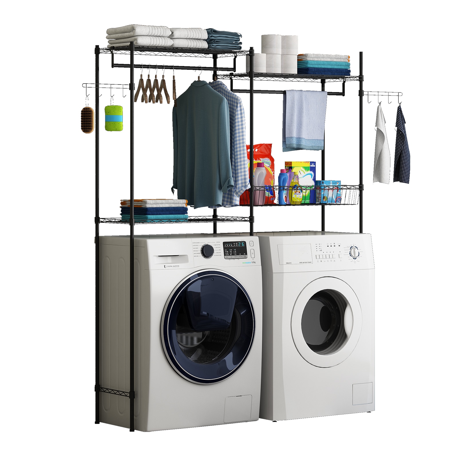 IdealHouse 4-Tier Adjustable Over Washer or Dryer Laundry Rack - Heavy Duty Iron Storage Shelf with Wire Basket Hanging Rod and Side Hook - Clothes Drying Organizer for Standard Machines - Black